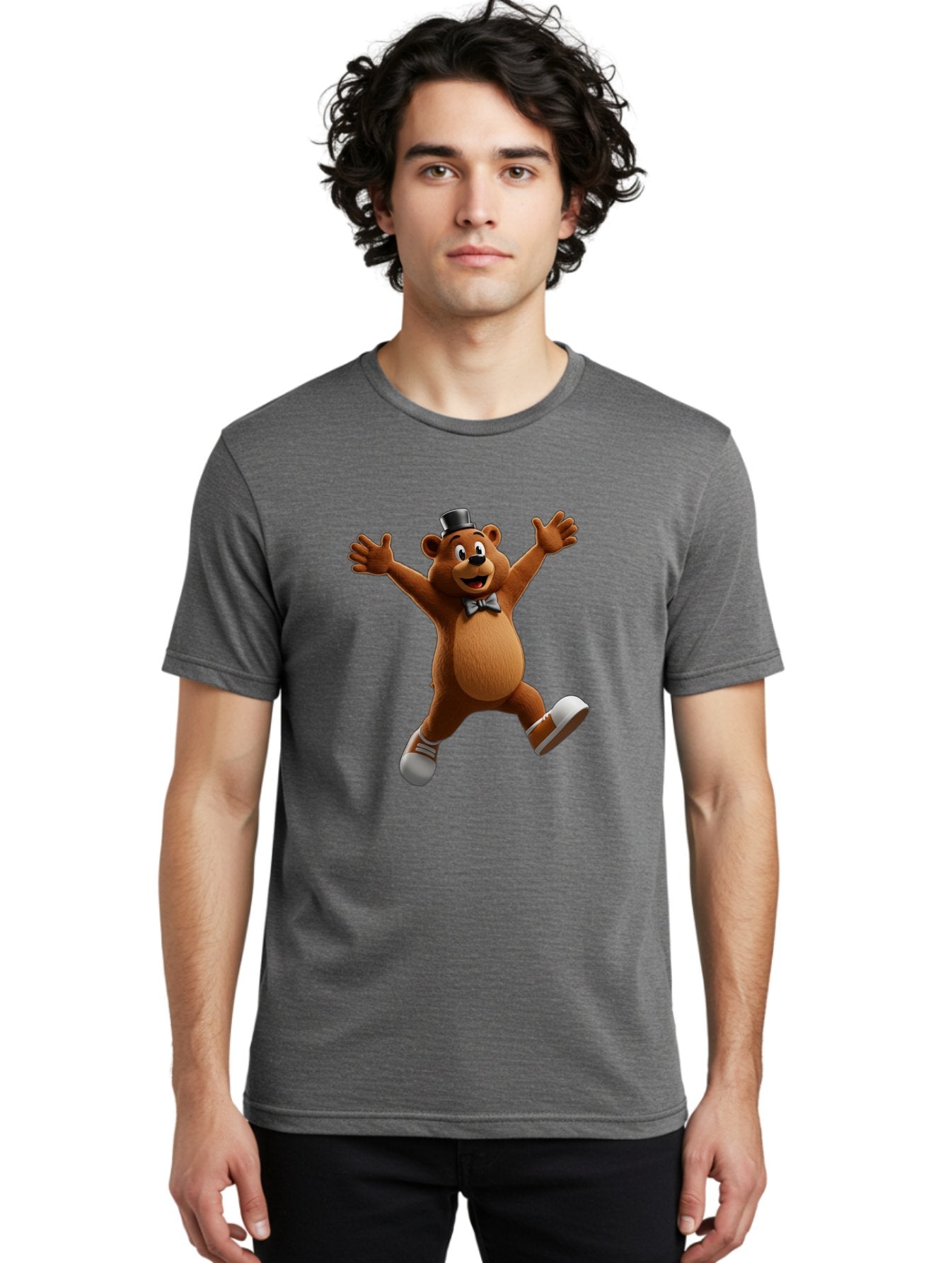 Freddy-Fazbear Men'S Graphic Tee, 100% Cotton, Comfortable Casual Summer Wear, Machine Washable, Cartoon Bear, Dancing Bear, Top Hat, Bow Tie, White Shoes, Playful Expression, Energetic Pose, Animated Character, 3D Rendering, Fun, Lively, Bae453 29