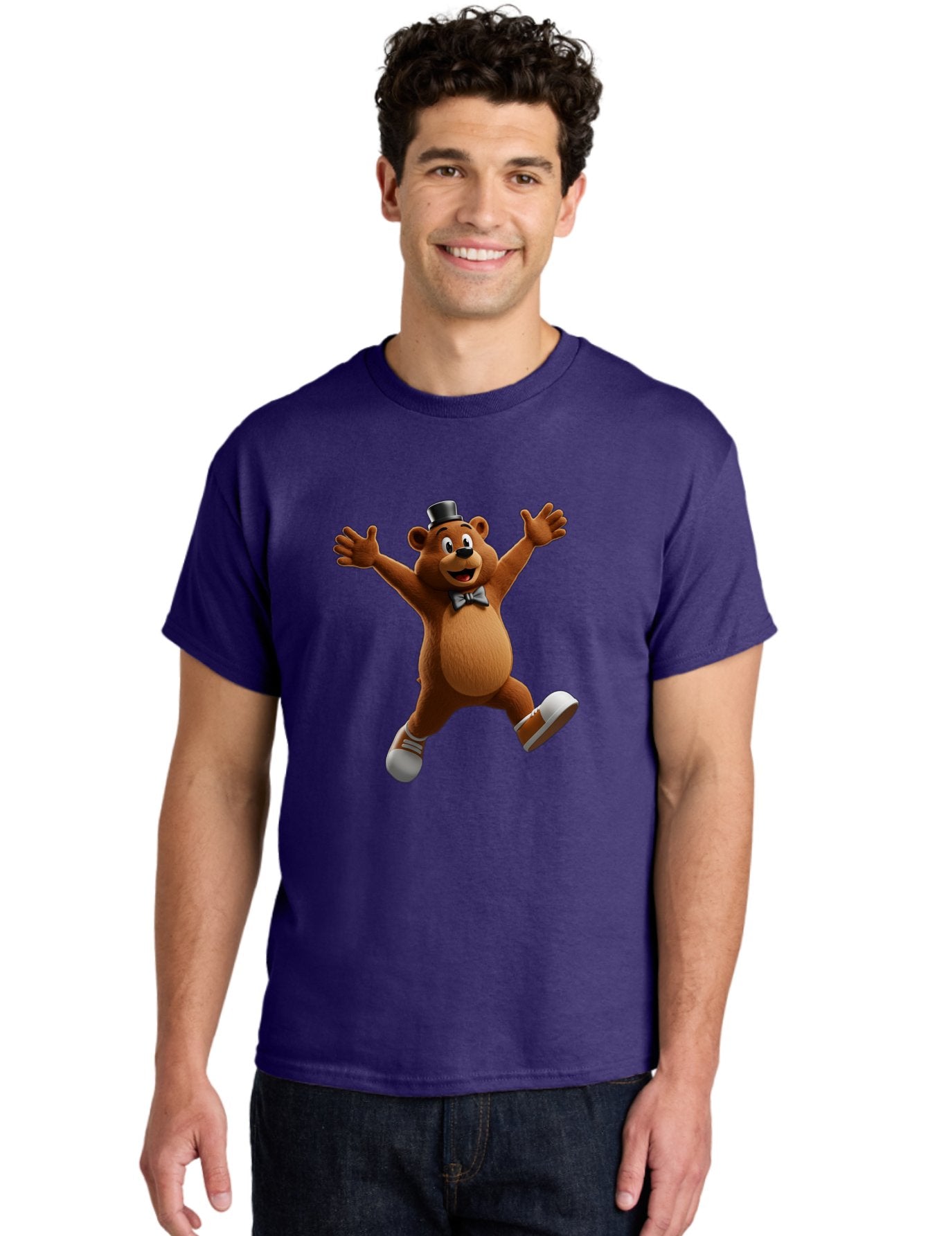 Freddy-Fazbear Men'S Graphic Tee, 100% Cotton, Comfortable Casual Summer Wear, Machine Washable, Cartoon Bear, Dancing Bear, Top Hat, Bow Tie, White Shoes, Playful Expression, Energetic Pose, Animated Character, 3D Rendering, Fun, Lively, Bae453 16