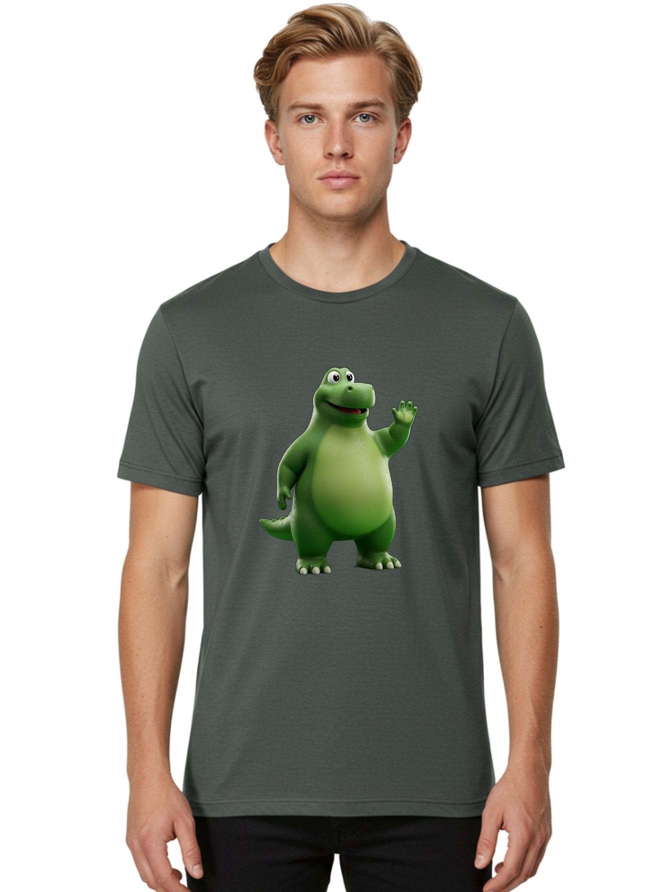 Friendly-Dinosaur Men'S Graphic Tee, 100% Cotton, Comfortable Casual Summer Wear, Machine Washable, Cartoon Dinosaur, Green Dinosaur Character, Friendly Dino, Animated Creature, Dinosaur Waving, Kids Cartoon Character, Dinosaur Illustration, Bae454 20