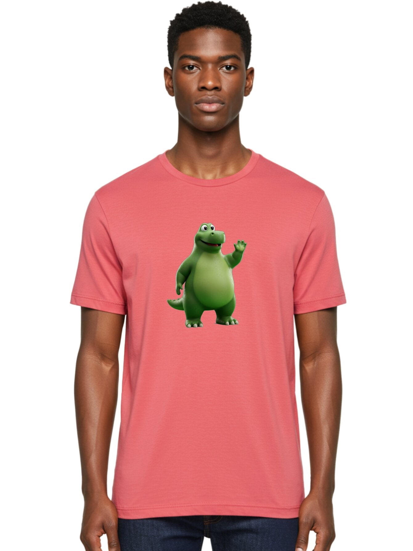 Friendly-Dinosaur Men'S Graphic Tee, 100% Cotton, Comfortable Casual Summer Wear, Machine Washable, Cartoon Dinosaur, Green Dinosaur Character, Friendly Dino, Animated Creature, Dinosaur Waving, Kids Cartoon Character, Dinosaur Illustration, Bae454 22