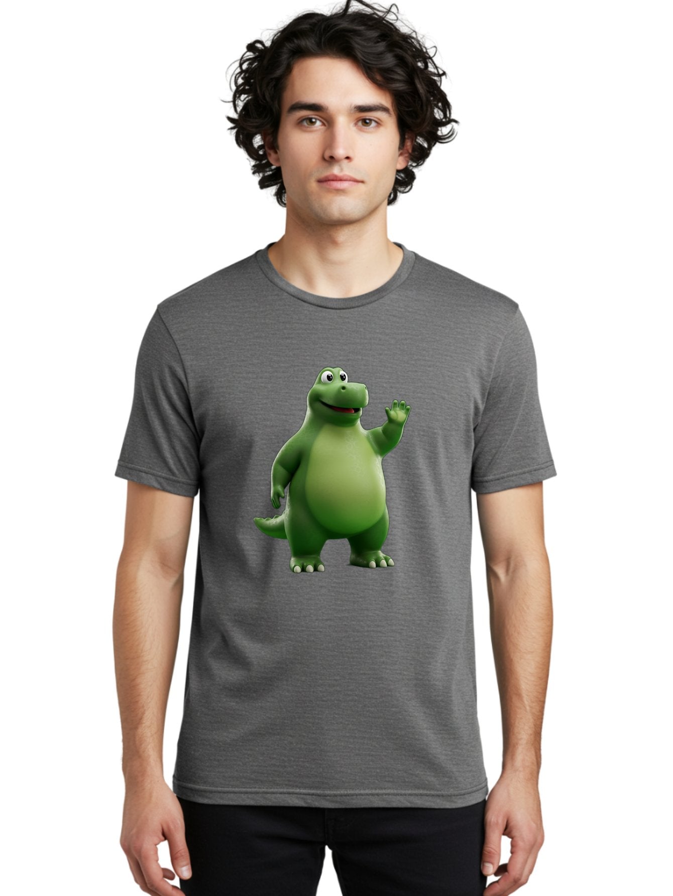 Friendly-Dinosaur Men'S Graphic Tee, 100% Cotton, Comfortable Casual Summer Wear, Machine Washable, Cartoon Dinosaur, Green Dinosaur Character, Friendly Dino, Animated Creature, Dinosaur Waving, Kids Cartoon Character, Dinosaur Illustration, Bae454 23