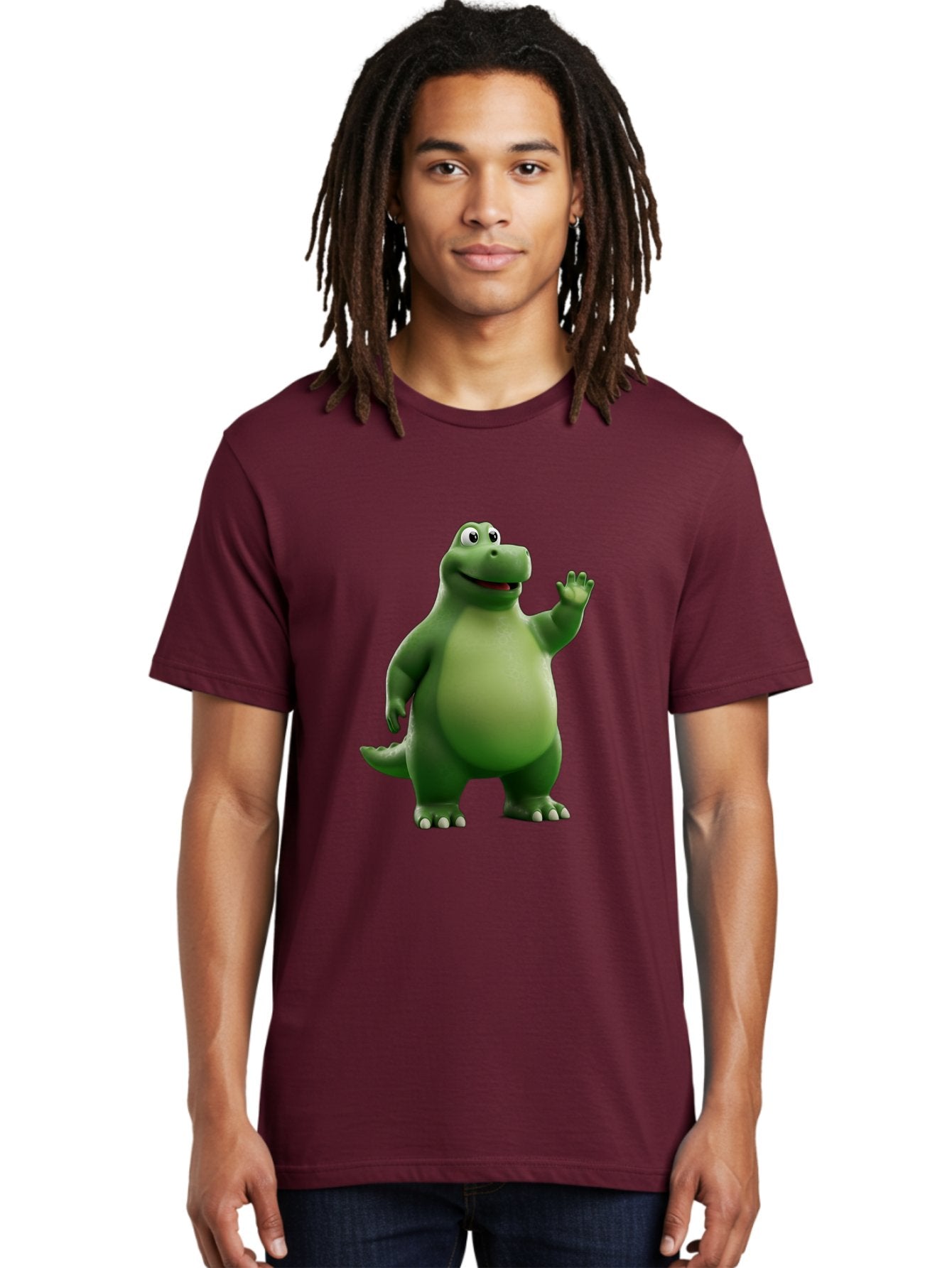 Friendly-Dinosaur Men'S Graphic Tee, 100% Cotton, Comfortable Casual Summer Wear, Machine Washable, Cartoon Dinosaur, Green Dinosaur Character, Friendly Dino, Animated Creature, Dinosaur Waving, Kids Cartoon Character, Dinosaur Illustration, Bae454 25