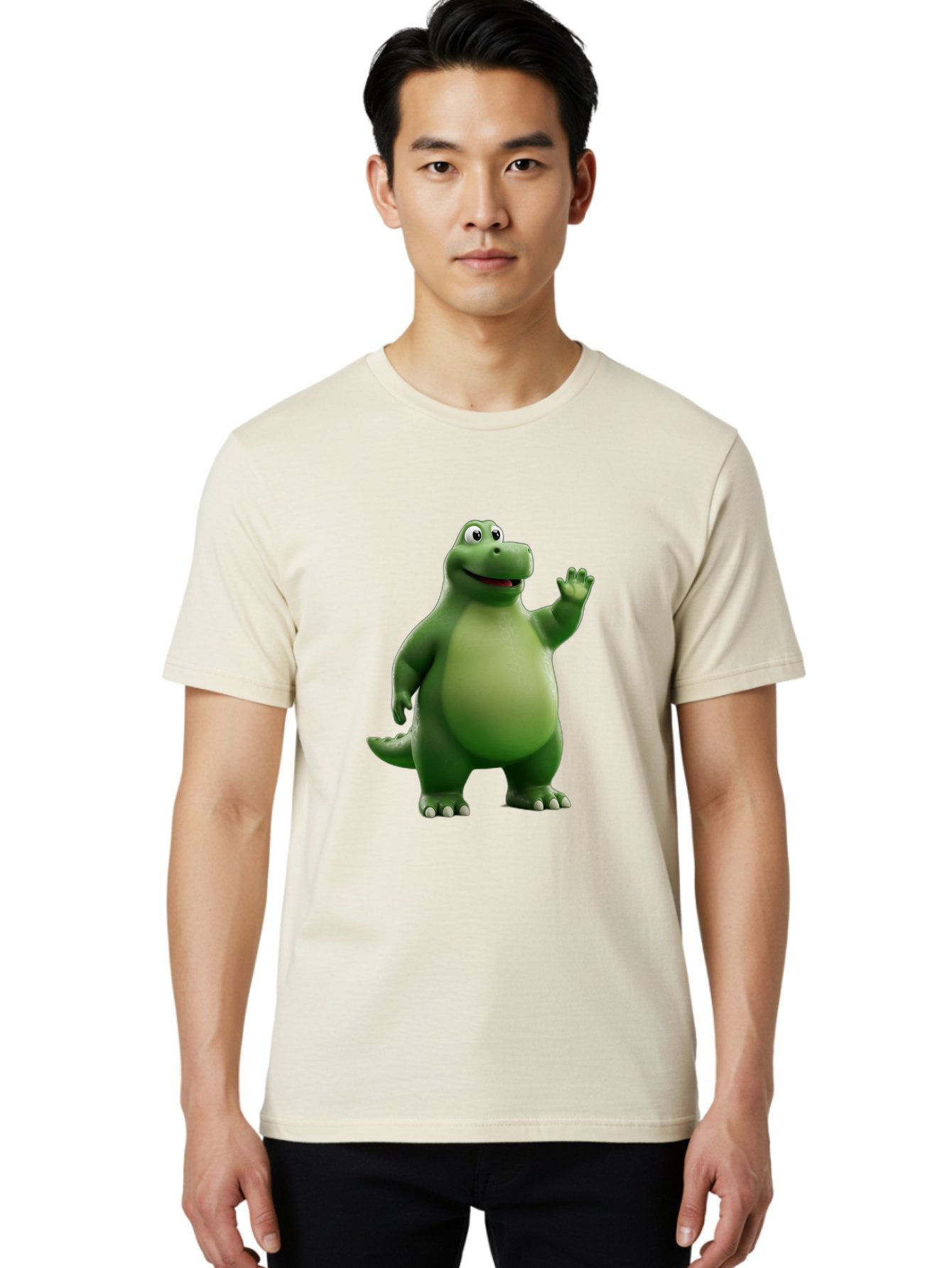 Friendly-Dinosaur Men'S Graphic Tee, 100% Cotton, Comfortable Casual Summer Wear, Machine Washable, Cartoon Dinosaur, Green Dinosaur Character, Friendly Dino, Animated Creature, Dinosaur Waving, Kids Cartoon Character, Dinosaur Illustration, Bae454 30