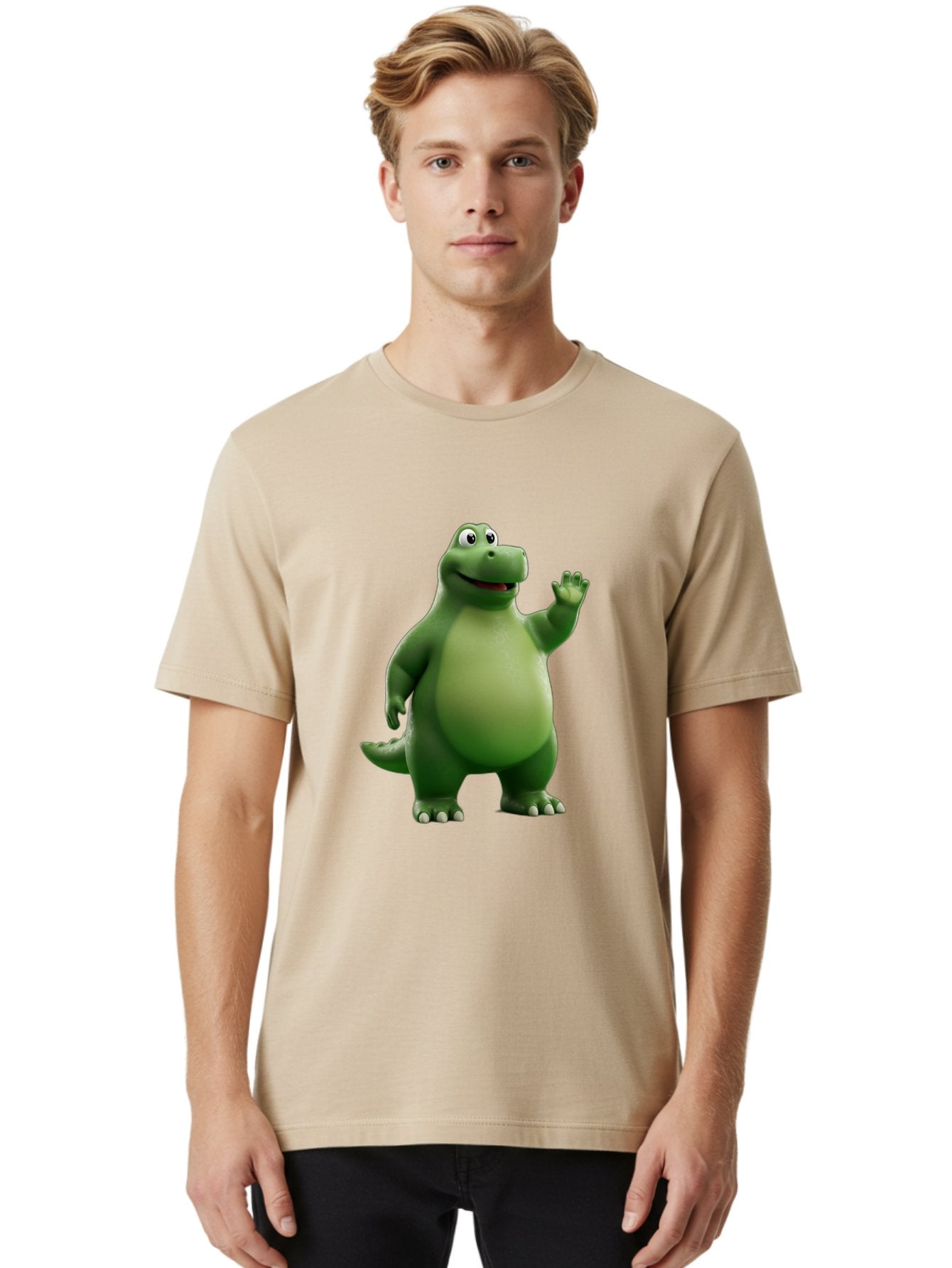 Friendly-Dinosaur Men'S Graphic Tee, 100% Cotton, Comfortable Casual Summer Wear, Machine Washable, Cartoon Dinosaur, Green Dinosaur Character, Friendly Dino, Animated Creature, Dinosaur Waving, Kids Cartoon Character, Dinosaur Illustration, Bae454 24