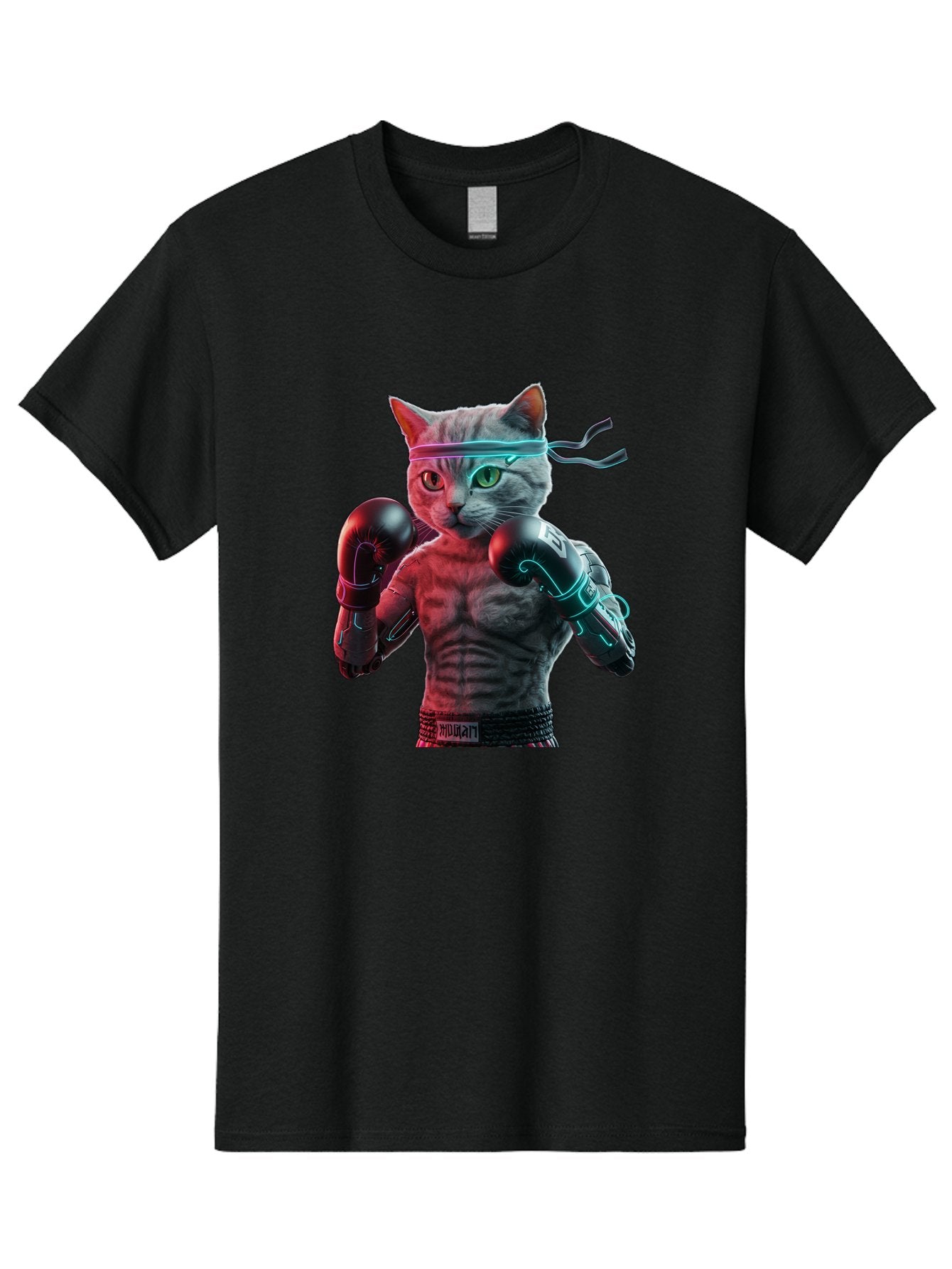 Futuristic-Cat-Boxer Men'S Graphic Tee, 100% Cotton, Comfortable Casual Summer Wear, Machine Washable, Cat Wearing Boxing Gloves, Futuristic Cat, Muscular Body, Cyberpunk Style, Neon Lights, Athletic Pose, Fighting Stance, Boxing Cat Bae455 10