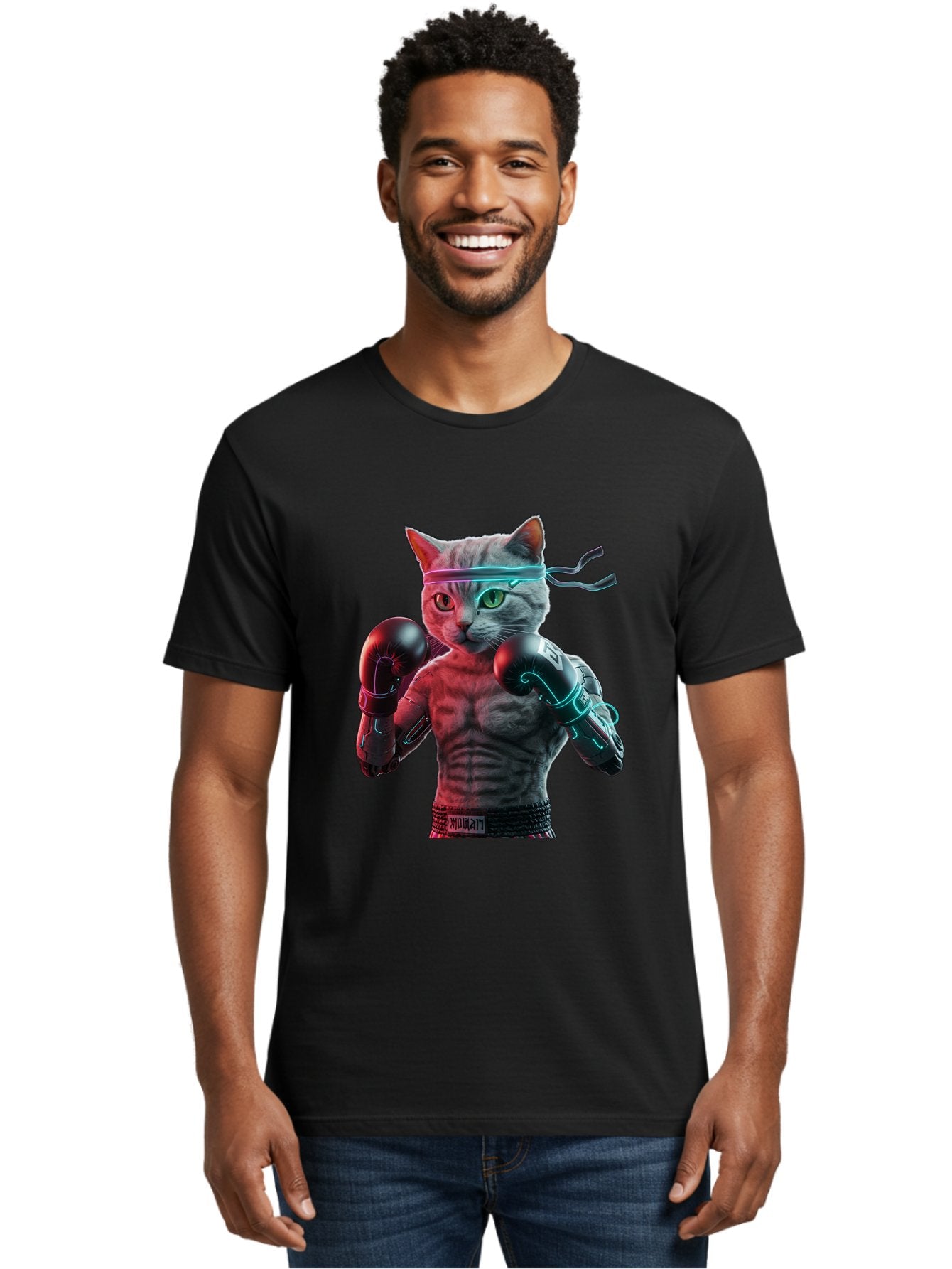 Futuristic-Cat-Boxer Men'S Graphic Tee, 100% Cotton, Comfortable Casual Summer Wear, Machine Washable, Cat Wearing Boxing Gloves, Futuristic Cat, Muscular Body, Cyberpunk Style, Neon Lights, Athletic Pose, Fighting Stance, Boxing Cat Bae455 17