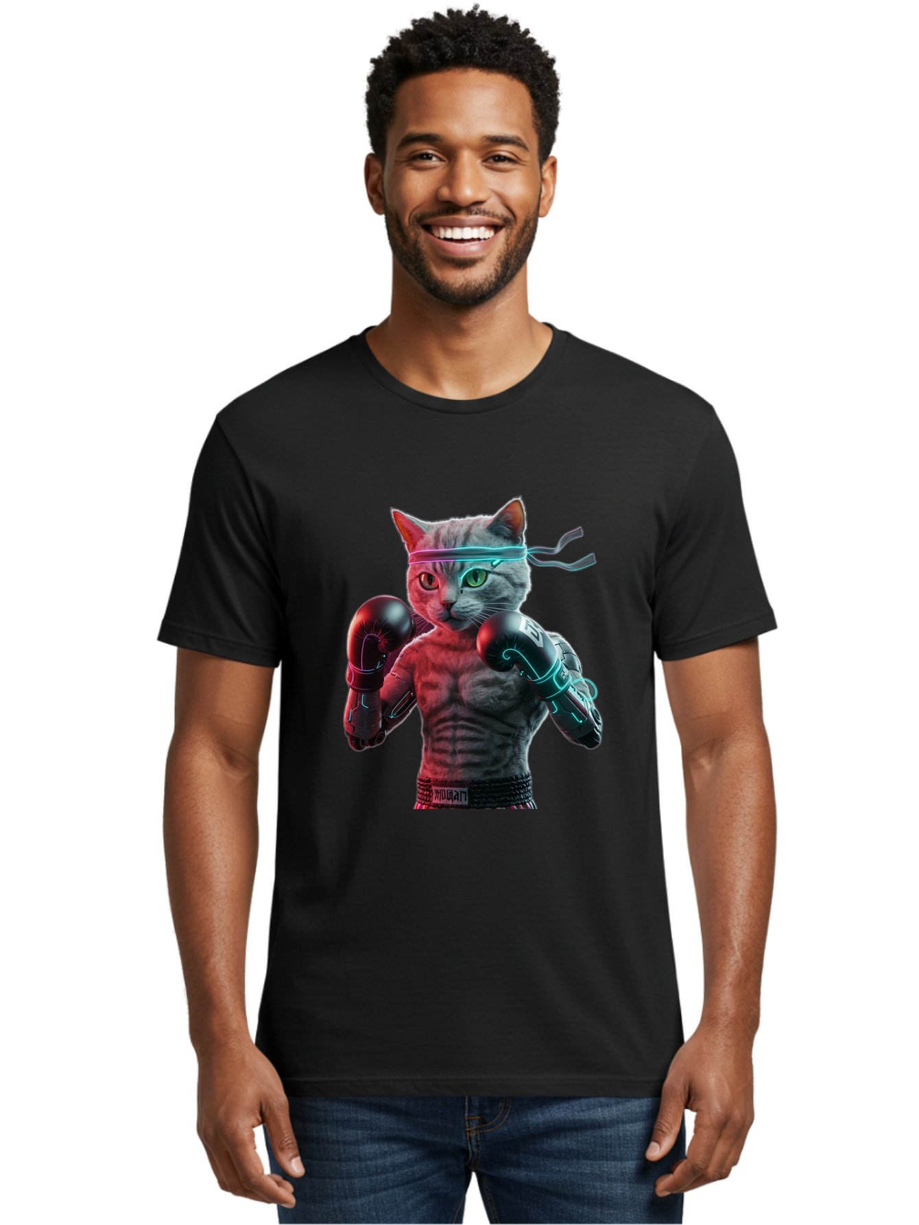 Futuristic-Cat-Boxer Men'S Graphic Tee, 100% Cotton, Comfortable Casual Summer Wear, Machine Washable, Cat Wearing Boxing Gloves, Futuristic Cat, Muscular Body, Cyberpunk Style, Neon Lights, Athletic Pose, Fighting Stance, Boxing Cat Bae455 29