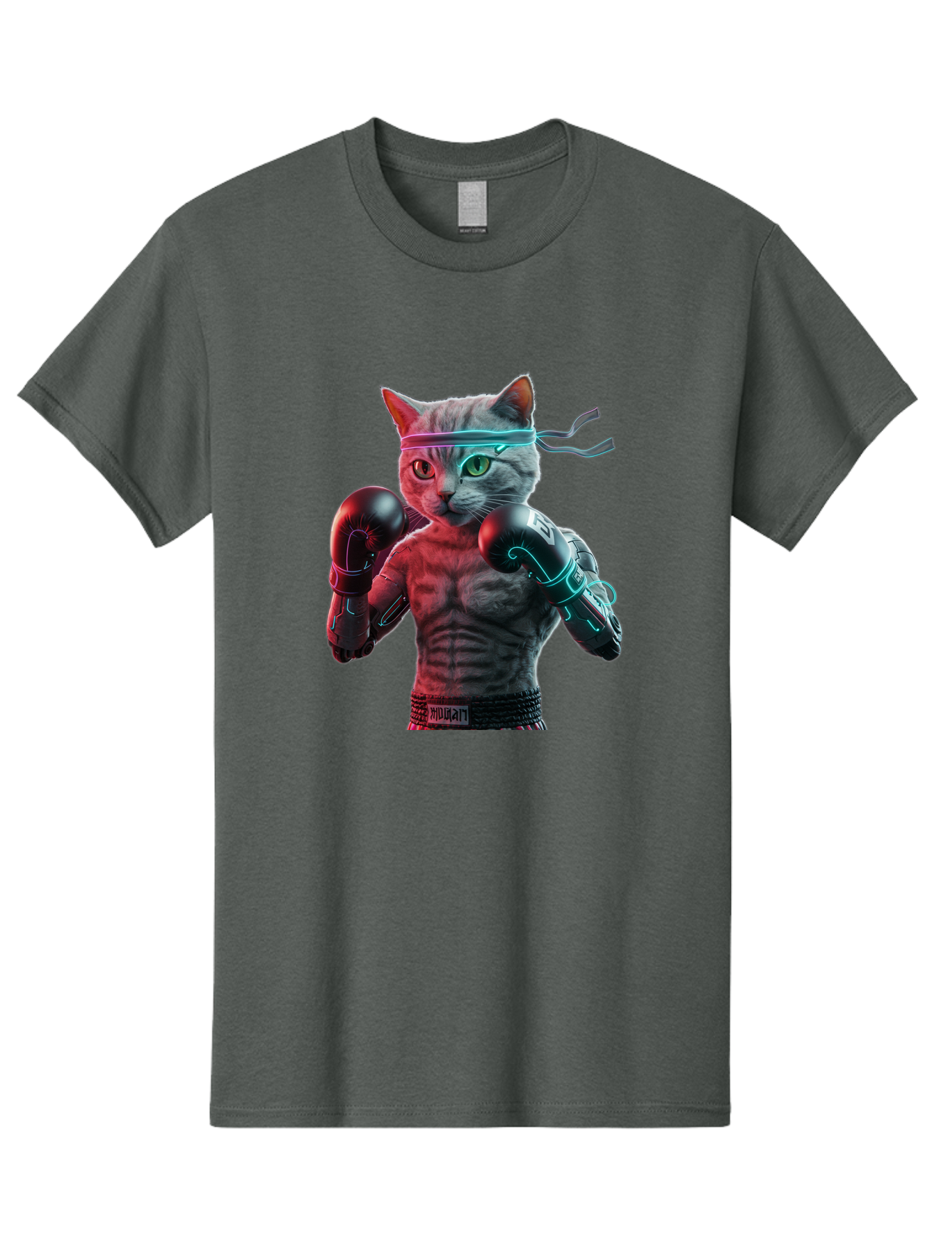 Futuristic-Cat-Boxer Men'S Graphic Tee, 100% Cotton, Comfortable Casual Summer Wear, Machine Washable, Cat Wearing Boxing Gloves, Futuristic Cat, Muscular Body, Cyberpunk Style, Neon Lights, Athletic Pose, Fighting Stance, Boxing Cat Bae455 4