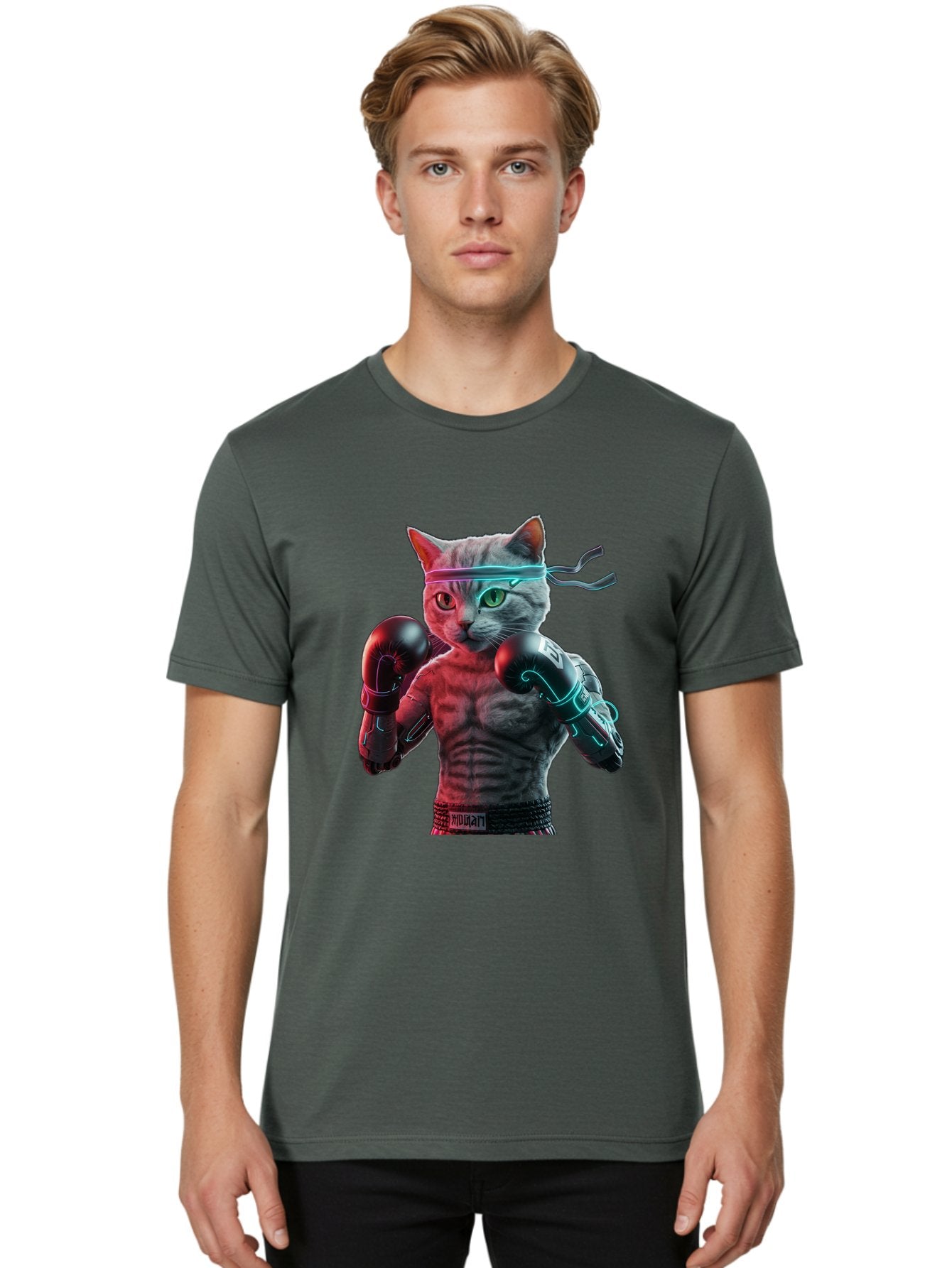 Futuristic-Cat-Boxer Men'S Graphic Tee, 100% Cotton, Comfortable Casual Summer Wear, Machine Washable, Cat Wearing Boxing Gloves, Futuristic Cat, Muscular Body, Cyberpunk Style, Neon Lights, Athletic Pose, Fighting Stance, Boxing Cat Bae455 27