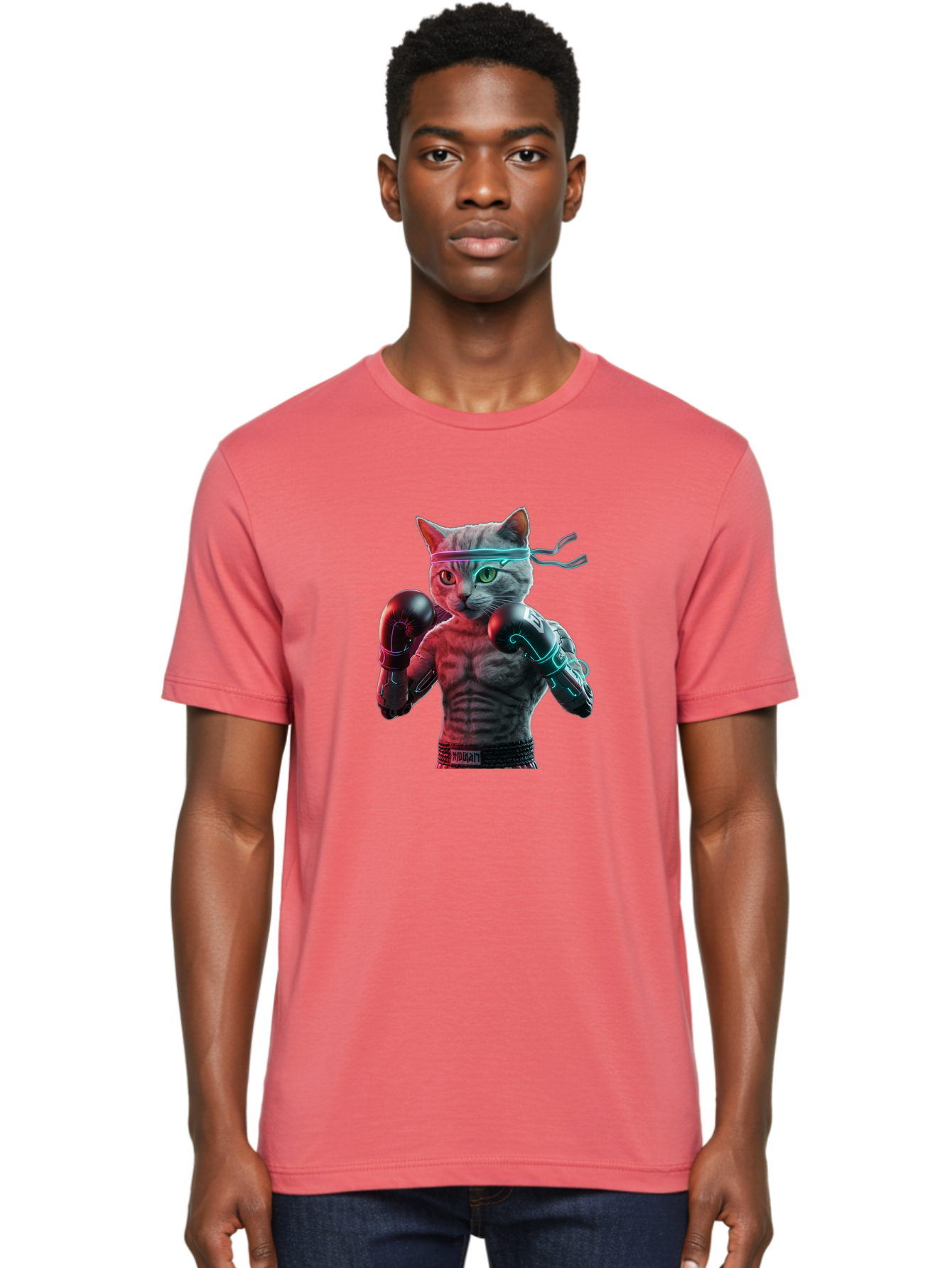 Futuristic-Cat-Boxer Men'S Graphic Tee, 100% Cotton, Comfortable Casual Summer Wear, Machine Washable, Cat Wearing Boxing Gloves, Futuristic Cat, Muscular Body, Cyberpunk Style, Neon Lights, Athletic Pose, Fighting Stance, Boxing Cat Bae455 17