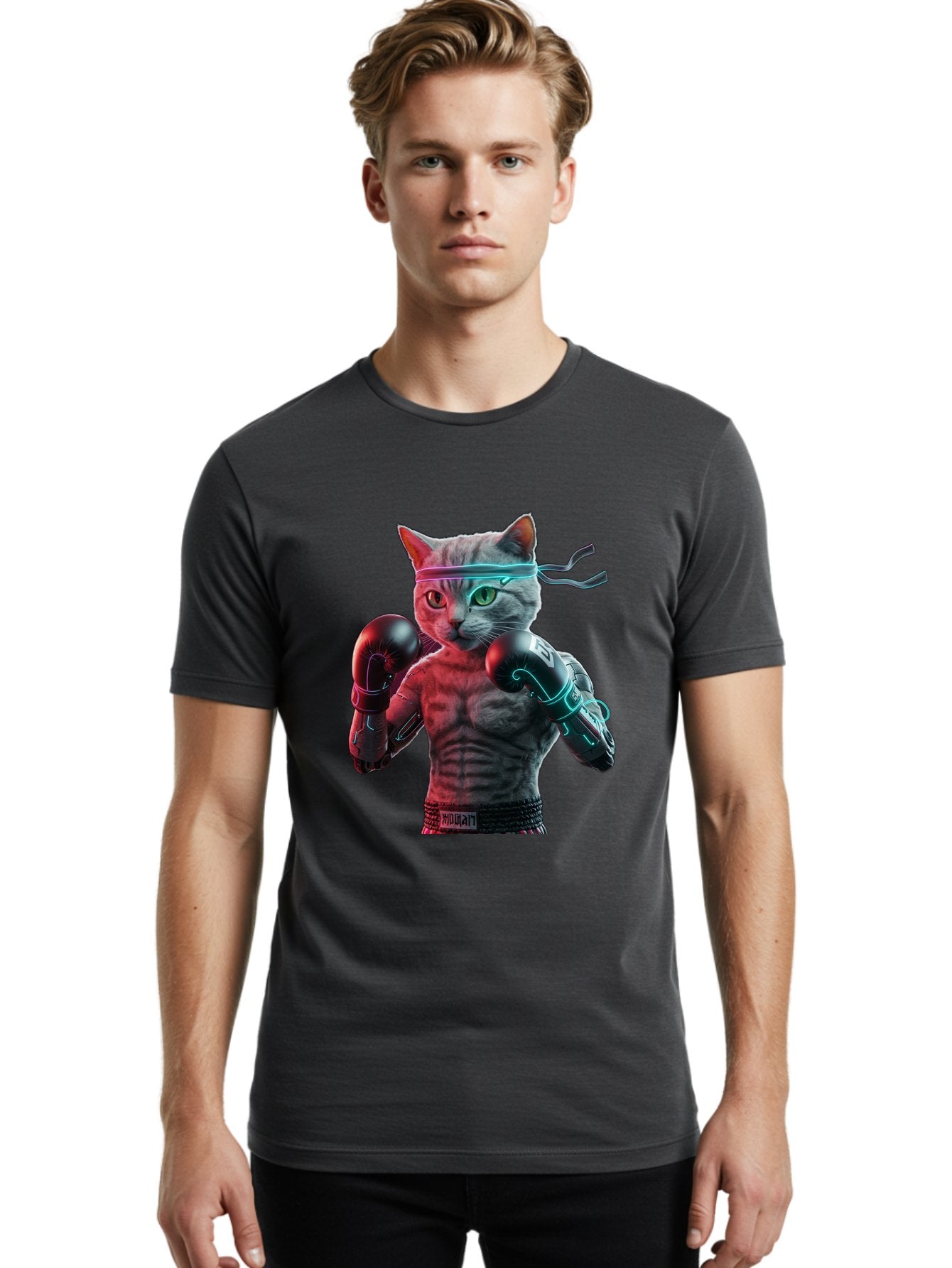 Futuristic-Cat-Boxer Men'S Graphic Tee, 100% Cotton, Comfortable Casual Summer Wear, Machine Washable, Cat Wearing Boxing Gloves, Futuristic Cat, Muscular Body, Cyberpunk Style, Neon Lights, Athletic Pose, Fighting Stance, Boxing Cat Bae455 25