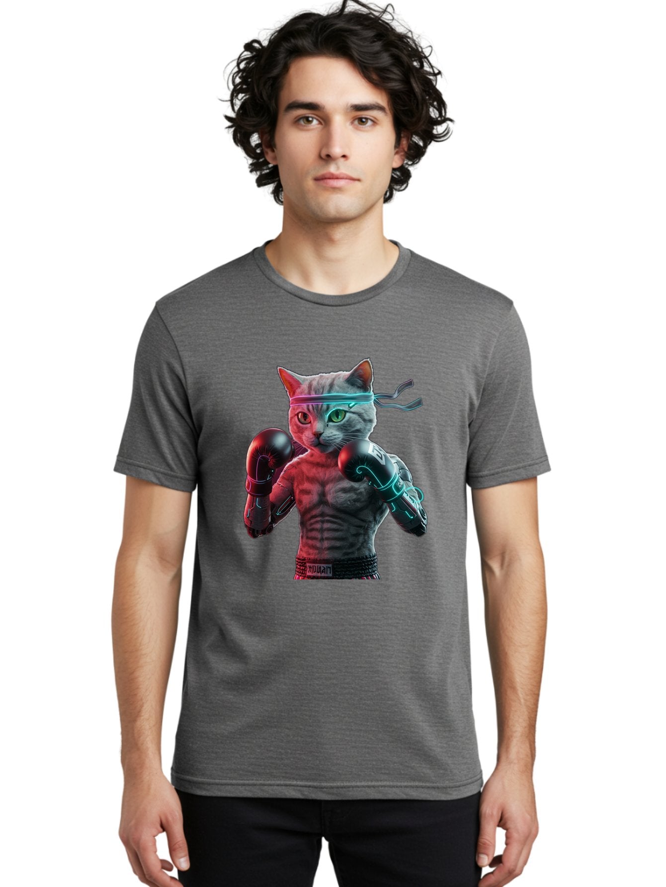 Futuristic-Cat-Boxer Men'S Graphic Tee, 100% Cotton, Comfortable Casual Summer Wear, Machine Washable, Cat Wearing Boxing Gloves, Futuristic Cat, Muscular Body, Cyberpunk Style, Neon Lights, Athletic Pose, Fighting Stance, Boxing Cat Bae455 26