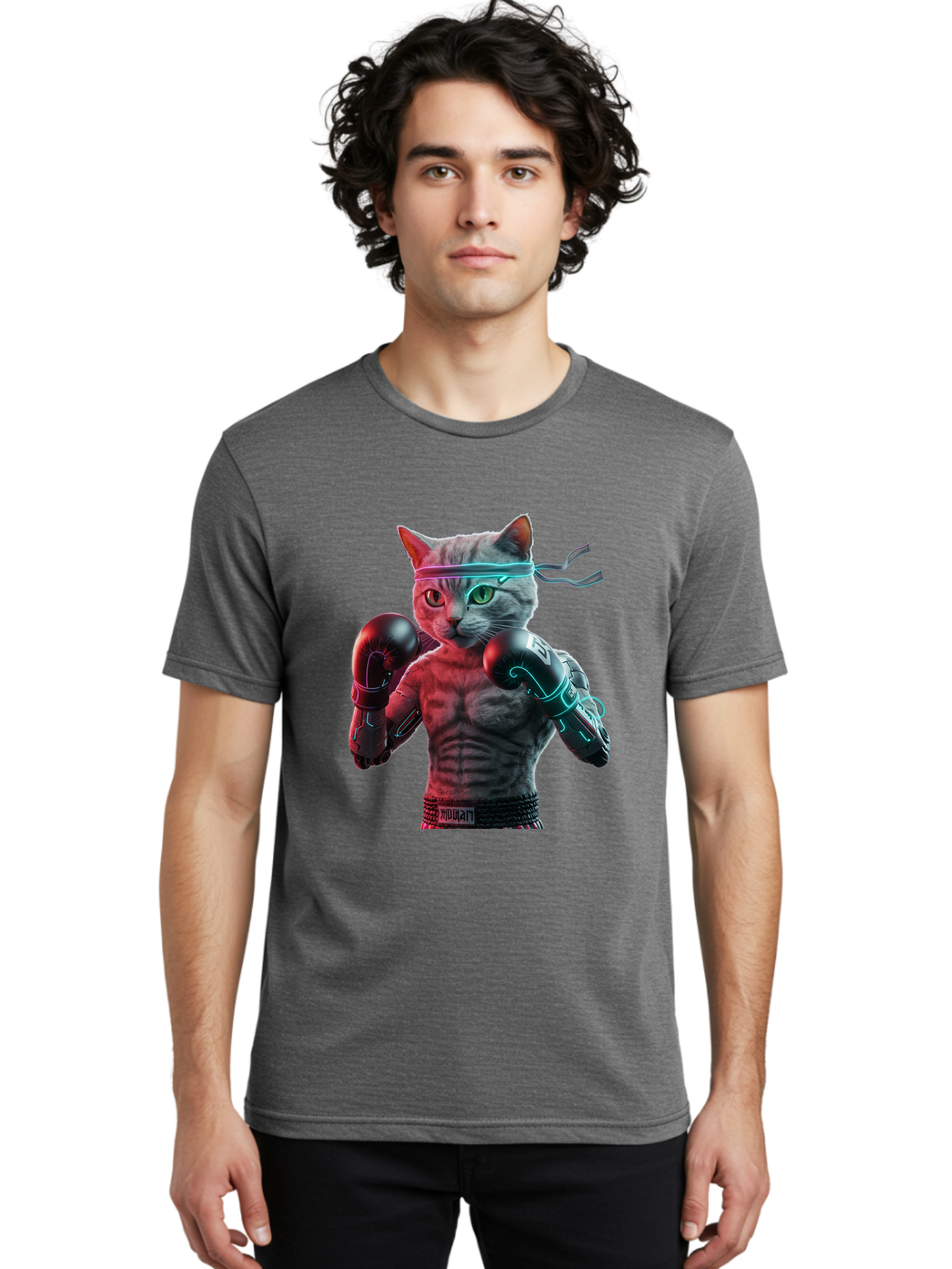 Futuristic-Cat-Boxer Men'S Graphic Tee, 100% Cotton, Comfortable Casual Summer Wear, Machine Washable, Cat Wearing Boxing Gloves, Futuristic Cat, Muscular Body, Cyberpunk Style, Neon Lights, Athletic Pose, Fighting Stance, Boxing Cat Bae455 20