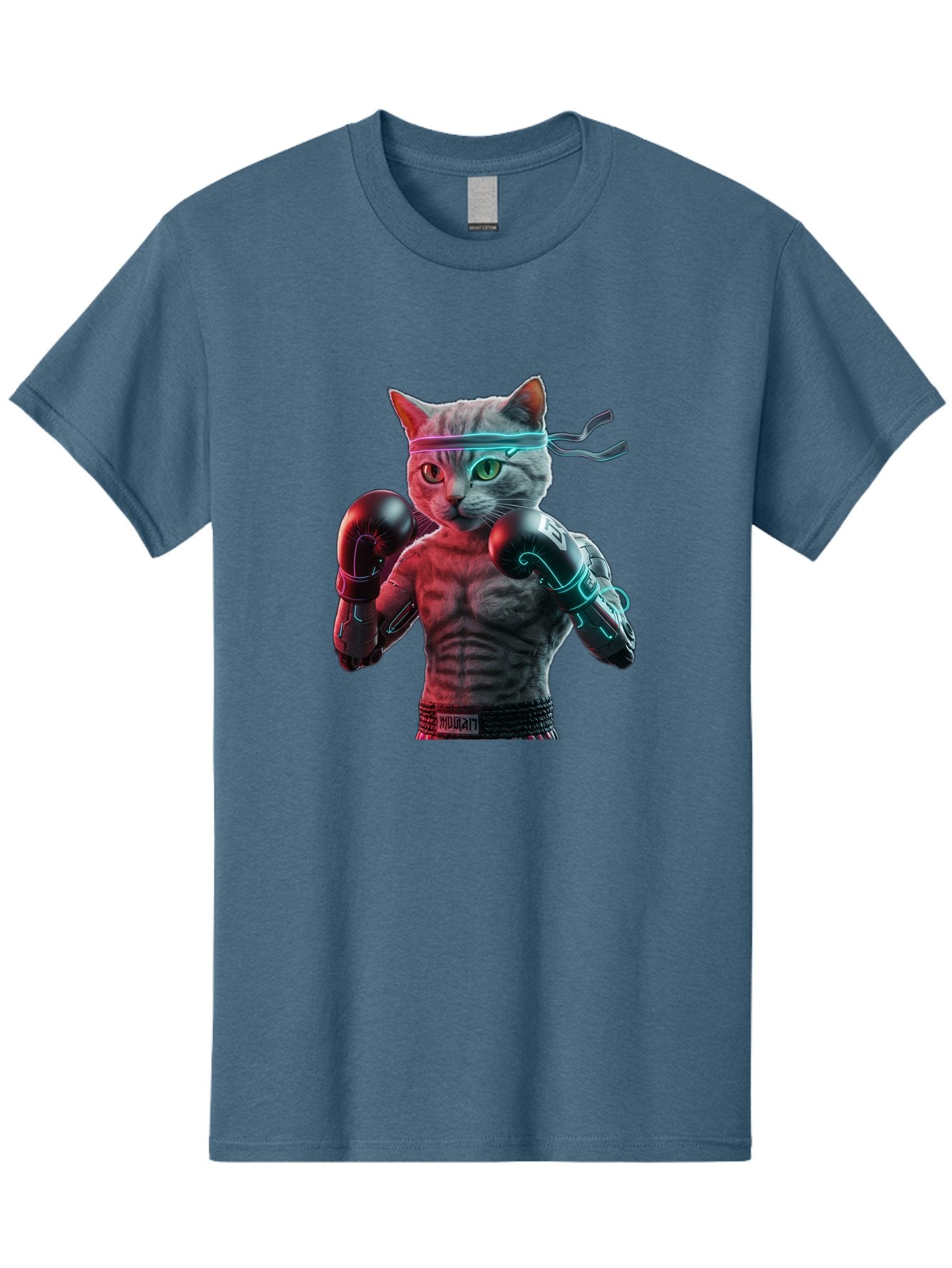 Futuristic-Cat-Boxer Men'S Graphic Tee, 100% Cotton, Comfortable Casual Summer Wear, Machine Washable, Cat Wearing Boxing Gloves, Futuristic Cat, Muscular Body, Cyberpunk Style, Neon Lights, Athletic Pose, Fighting Stance, Boxing Cat Bae455 5