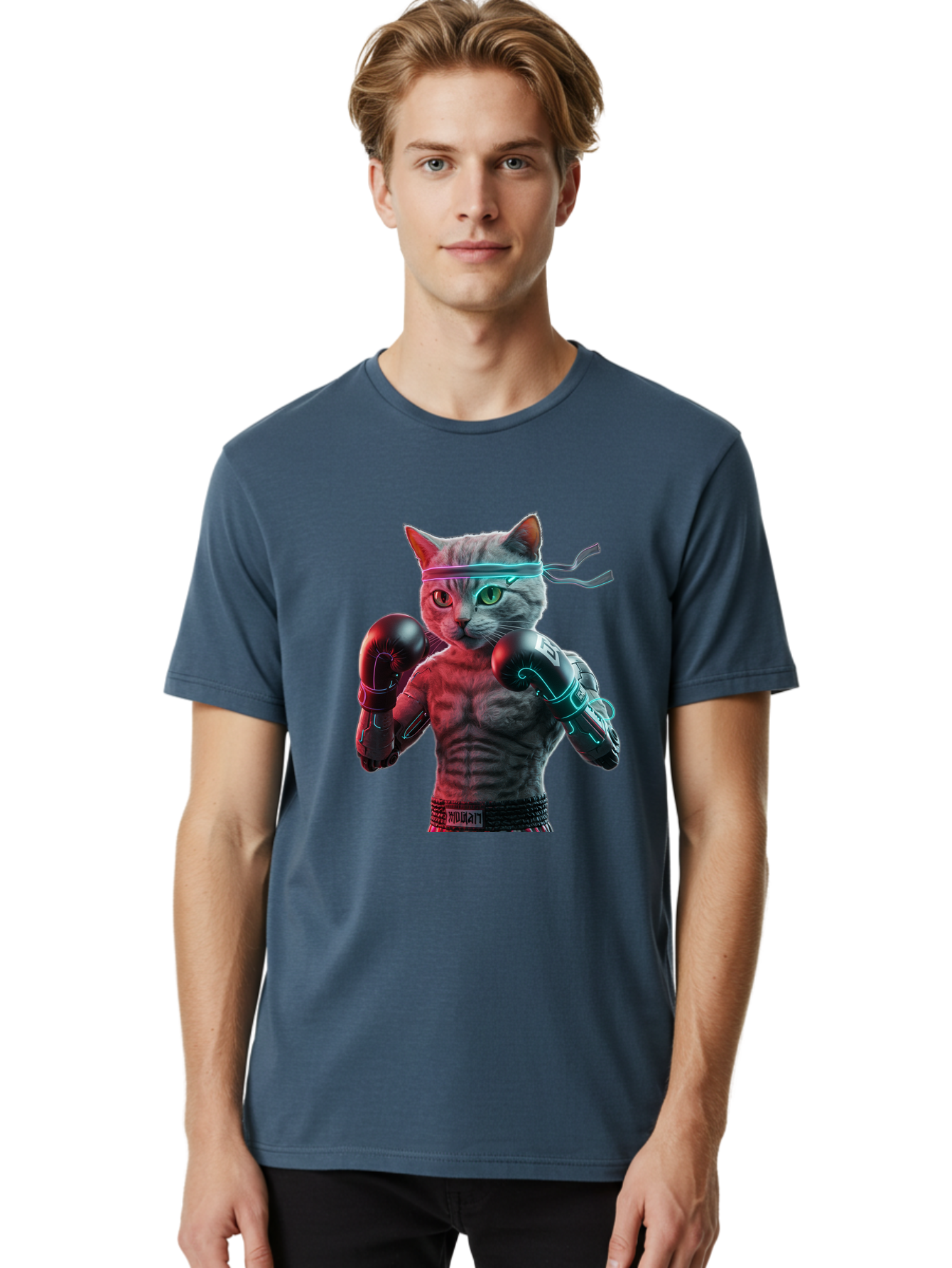 Futuristic-Cat-Boxer Men'S Graphic Tee, 100% Cotton, Comfortable Casual Summer Wear, Machine Washable, Cat Wearing Boxing Gloves, Futuristic Cat, Muscular Body, Cyberpunk Style, Neon Lights, Athletic Pose, Fighting Stance, Boxing Cat Bae455 23