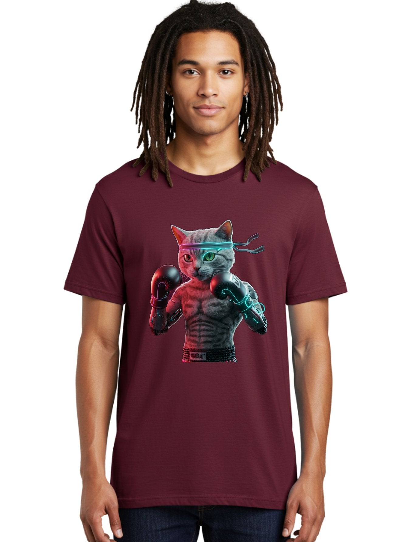 Futuristic-Cat-Boxer Men'S Graphic Tee, 100% Cotton, Comfortable Casual Summer Wear, Machine Washable, Cat Wearing Boxing Gloves, Futuristic Cat, Muscular Body, Cyberpunk Style, Neon Lights, Athletic Pose, Fighting Stance, Boxing Cat Bae455 16
