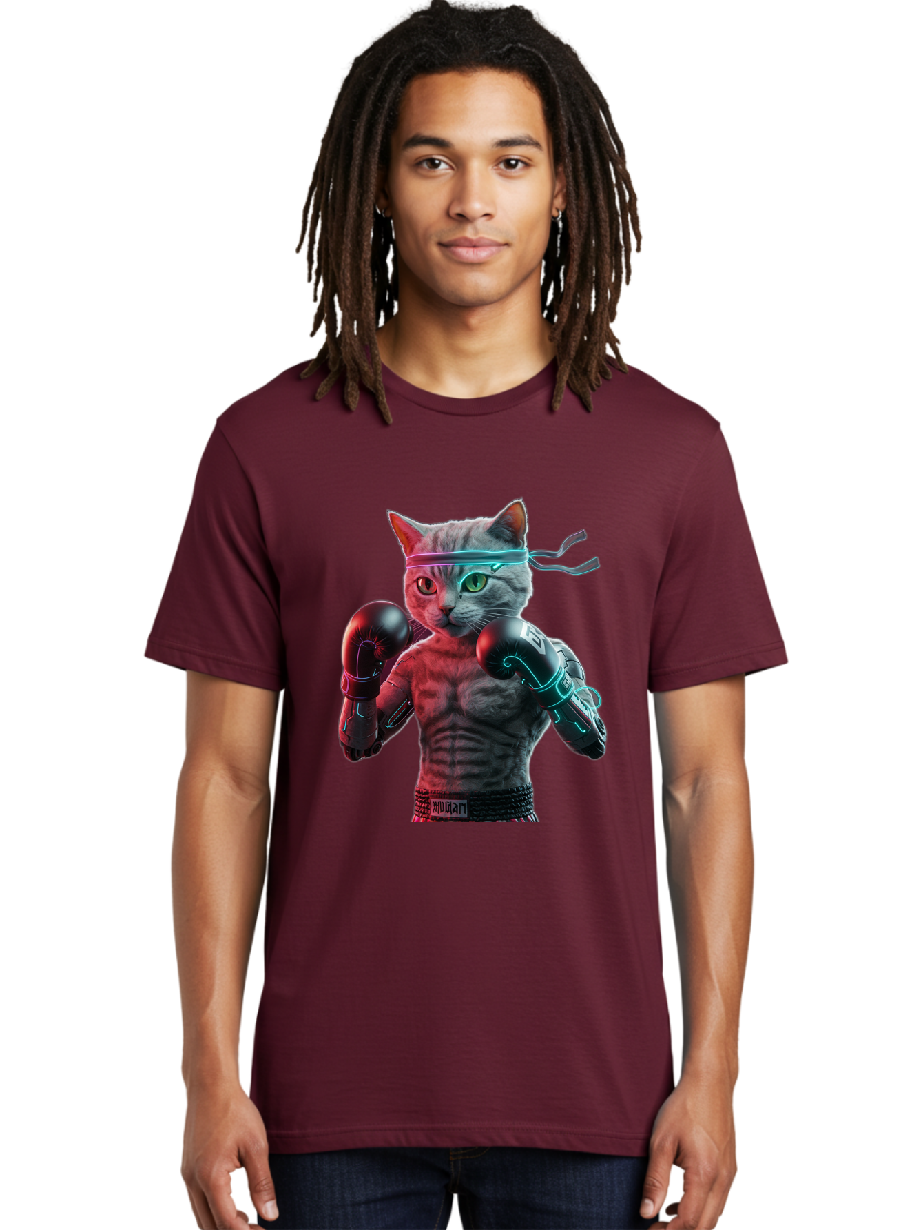 Futuristic-Cat-Boxer Men'S Graphic Tee, 100% Cotton, Comfortable Casual Summer Wear, Machine Washable, Cat Wearing Boxing Gloves, Futuristic Cat, Muscular Body, Cyberpunk Style, Neon Lights, Athletic Pose, Fighting Stance, Boxing Cat Bae455 28