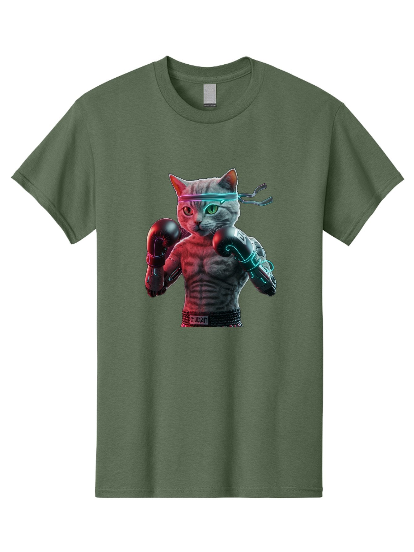 Futuristic-Cat-Boxer Men'S Graphic Tee, 100% Cotton, Comfortable Casual Summer Wear, Machine Washable, Cat Wearing Boxing Gloves, Futuristic Cat, Muscular Body, Cyberpunk Style, Neon Lights, Athletic Pose, Fighting Stance, Boxing Cat Bae455