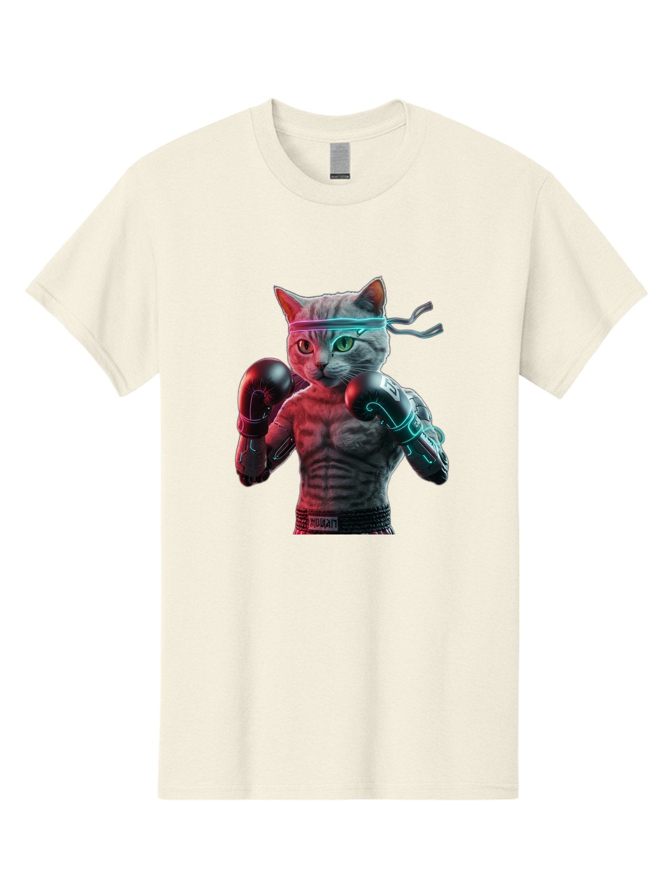 Futuristic-Cat-Boxer Men'S Graphic Tee, 100% Cotton, Comfortable Casual Summer Wear, Machine Washable, Cat Wearing Boxing Gloves, Futuristic Cat, Muscular Body, Cyberpunk Style, Neon Lights, Athletic Pose, Fighting Stance, Boxing Cat Bae455 3