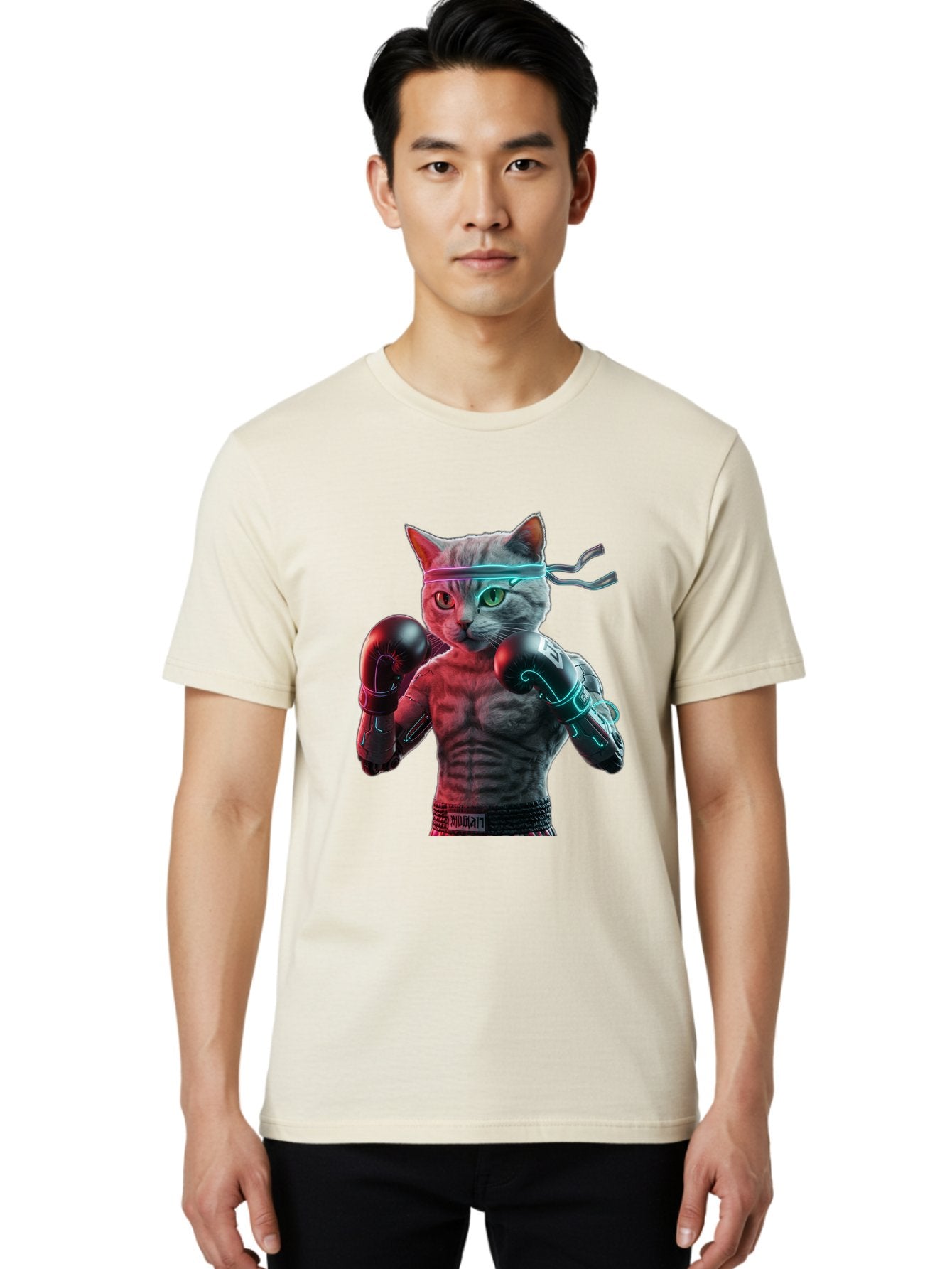 Futuristic-Cat-Boxer Men'S Graphic Tee, 100% Cotton, Comfortable Casual Summer Wear, Machine Washable, Cat Wearing Boxing Gloves, Futuristic Cat, Muscular Body, Cyberpunk Style, Neon Lights, Athletic Pose, Fighting Stance, Boxing Cat Bae455 22