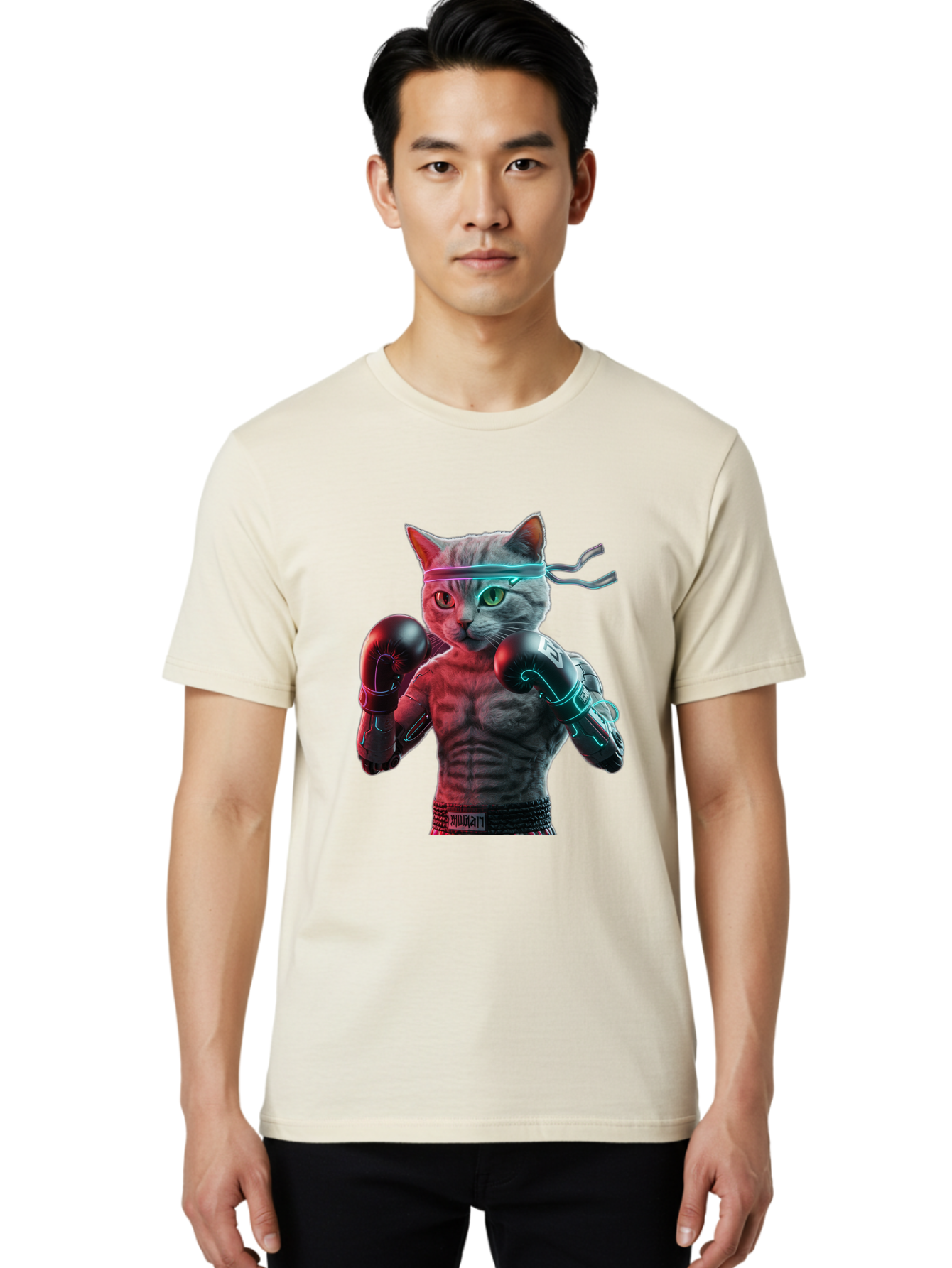 Futuristic-Cat-Boxer Men'S Graphic Tee, 100% Cotton, Comfortable Casual Summer Wear, Machine Washable, Cat Wearing Boxing Gloves, Futuristic Cat, Muscular Body, Cyberpunk Style, Neon Lights, Athletic Pose, Fighting Stance, Boxing Cat Bae455 24