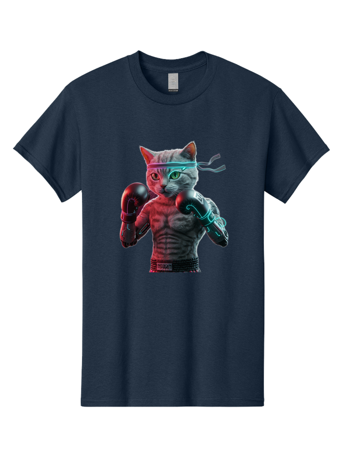 Futuristic-Cat-Boxer Men'S Graphic Tee, 100% Cotton, Comfortable Casual Summer Wear, Machine Washable, Cat Wearing Boxing Gloves, Futuristic Cat, Muscular Body, Cyberpunk Style, Neon Lights, Athletic Pose, Fighting Stance, Boxing Cat Bae455 15