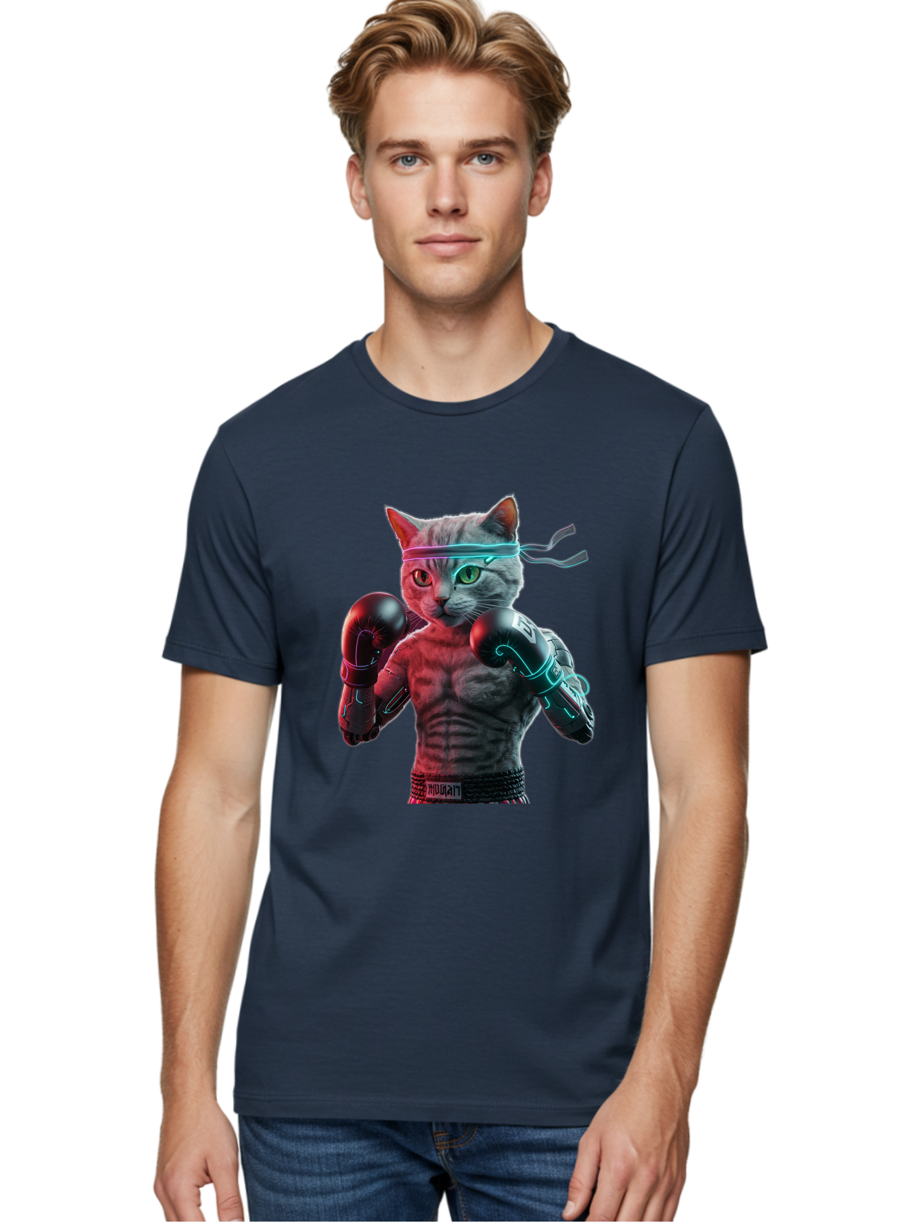Futuristic-Cat-Boxer Men'S Graphic Tee, 100% Cotton, Comfortable Casual Summer Wear, Machine Washable, Cat Wearing Boxing Gloves, Futuristic Cat, Muscular Body, Cyberpunk Style, Neon Lights, Athletic Pose, Fighting Stance, Boxing Cat Bae455 30