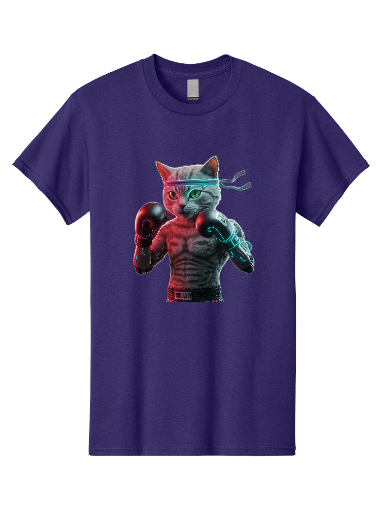 Futuristic-Cat-Boxer Men'S Graphic Tee, 100% Cotton, Comfortable Casual Summer Wear, Machine Washable, Cat Wearing Boxing Gloves, Futuristic Cat, Muscular Body, Cyberpunk Style, Neon Lights, Athletic Pose, Fighting Stance, Boxing Cat Bae455 3