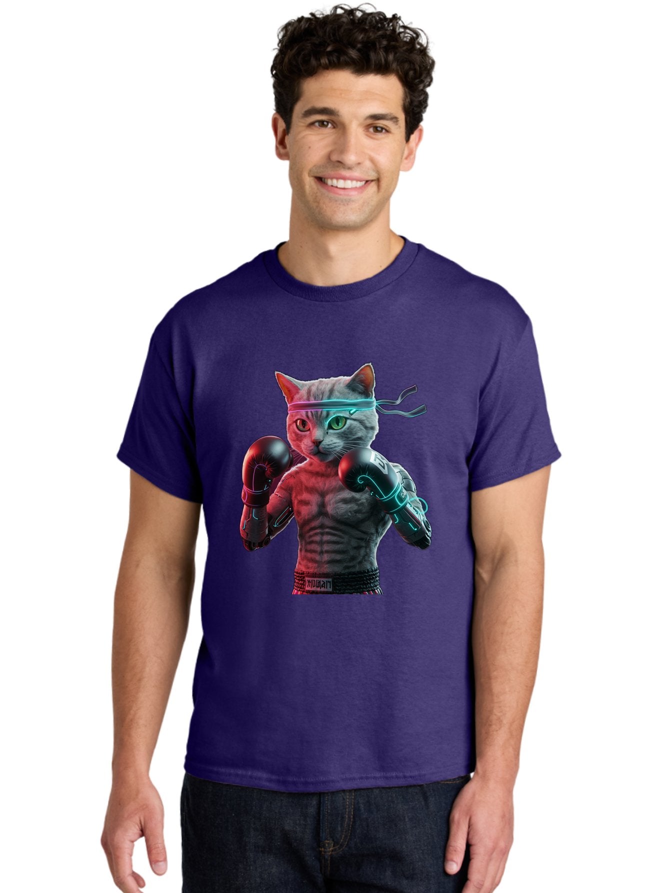 Futuristic-Cat-Boxer Men'S Graphic Tee, 100% Cotton, Comfortable Casual Summer Wear, Machine Washable, Cat Wearing Boxing Gloves, Futuristic Cat, Muscular Body, Cyberpunk Style, Neon Lights, Athletic Pose, Fighting Stance, Boxing Cat Bae455 28