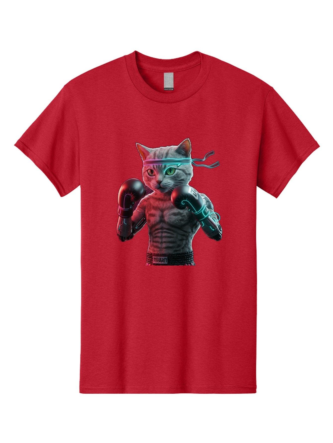 Futuristic-Cat-Boxer Men'S Graphic Tee, 100% Cotton, Comfortable Casual Summer Wear, Machine Washable, Cat Wearing Boxing Gloves, Futuristic Cat, Muscular Body, Cyberpunk Style, Neon Lights, Athletic Pose, Fighting Stance, Boxing Cat Bae455