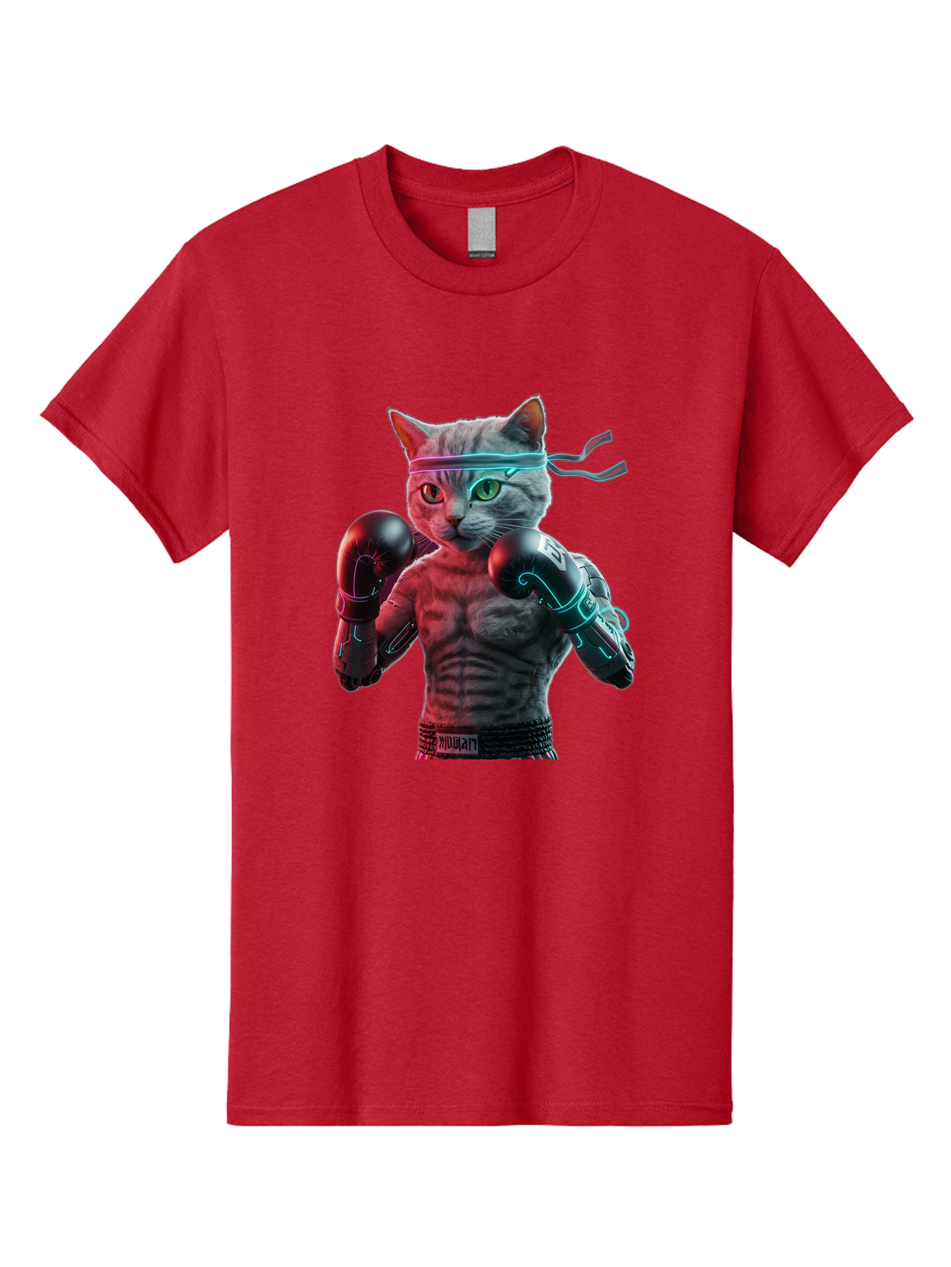 Futuristic-Cat-Boxer Men'S Graphic Tee, 100% Cotton, Comfortable Casual Summer Wear, Machine Washable, Cat Wearing Boxing Gloves, Futuristic Cat, Muscular Body, Cyberpunk Style, Neon Lights, Athletic Pose, Fighting Stance, Boxing Cat Bae455 11