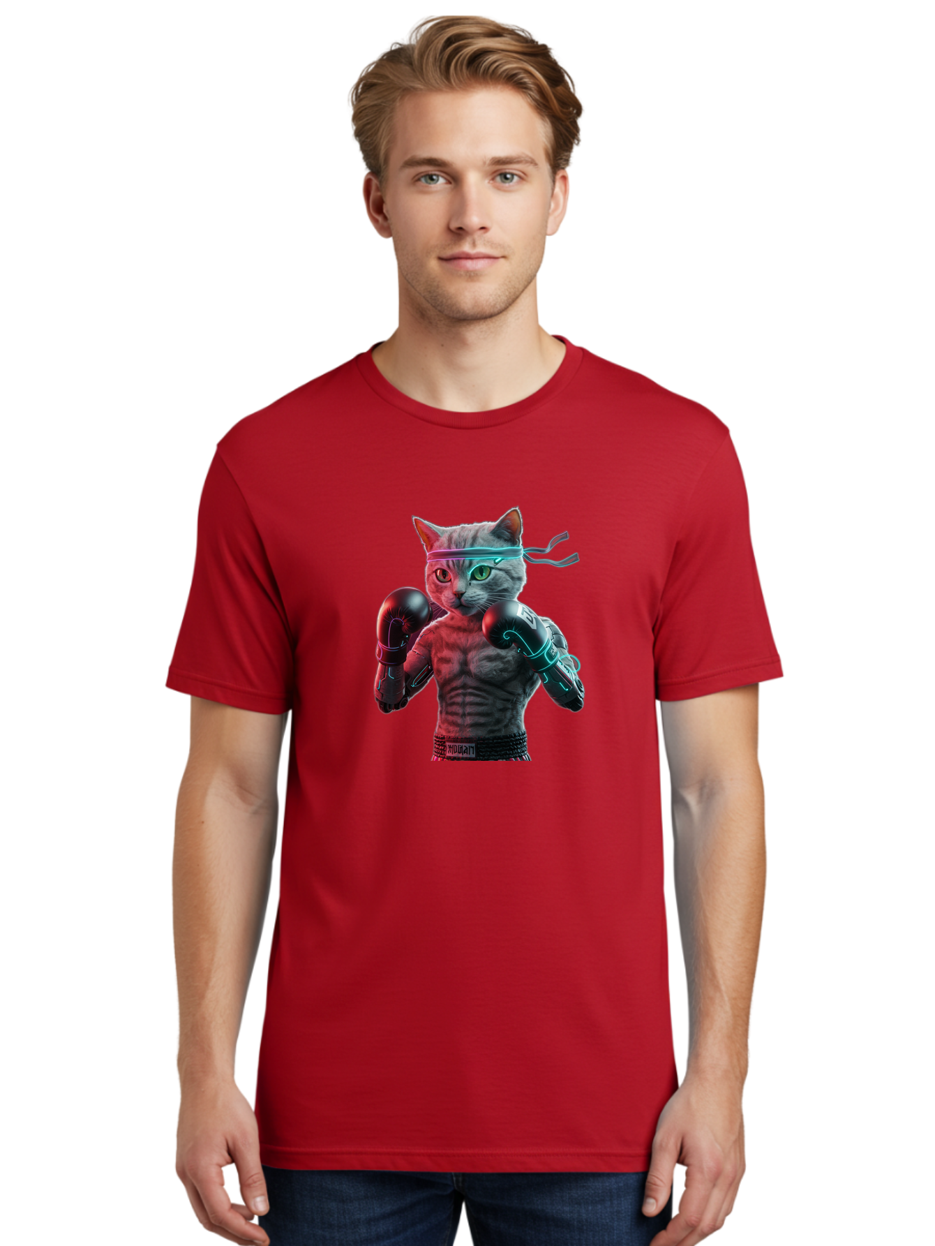 Futuristic-Cat-Boxer Men'S Graphic Tee, 100% Cotton, Comfortable Casual Summer Wear, Machine Washable, Cat Wearing Boxing Gloves, Futuristic Cat, Muscular Body, Cyberpunk Style, Neon Lights, Athletic Pose, Fighting Stance, Boxing Cat Bae455 26