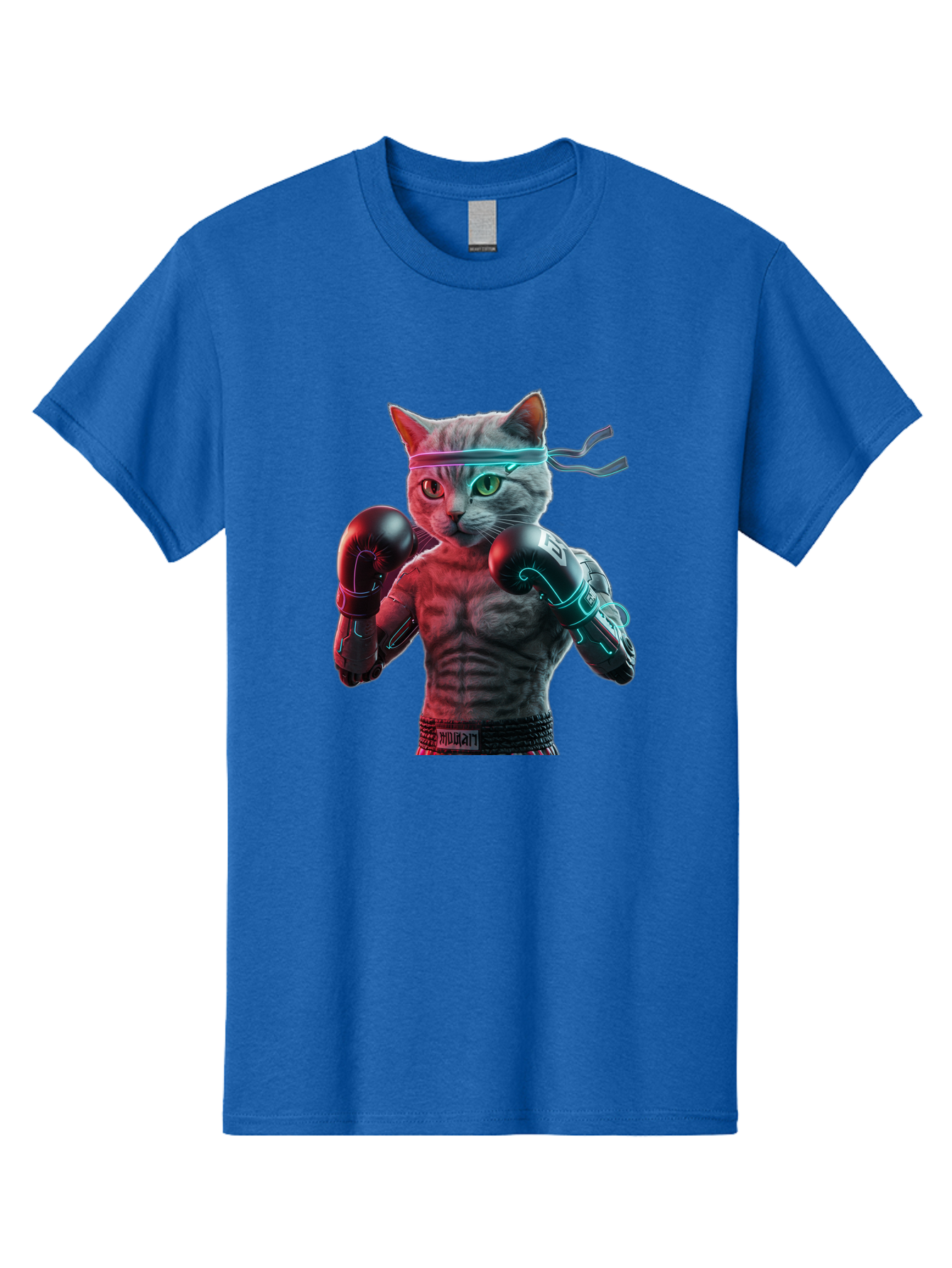 Futuristic-Cat-Boxer Men'S Graphic Tee, 100% Cotton, Comfortable Casual Summer Wear, Machine Washable, Cat Wearing Boxing Gloves, Futuristic Cat, Muscular Body, Cyberpunk Style, Neon Lights, Athletic Pose, Fighting Stance, Boxing Cat Bae455 12