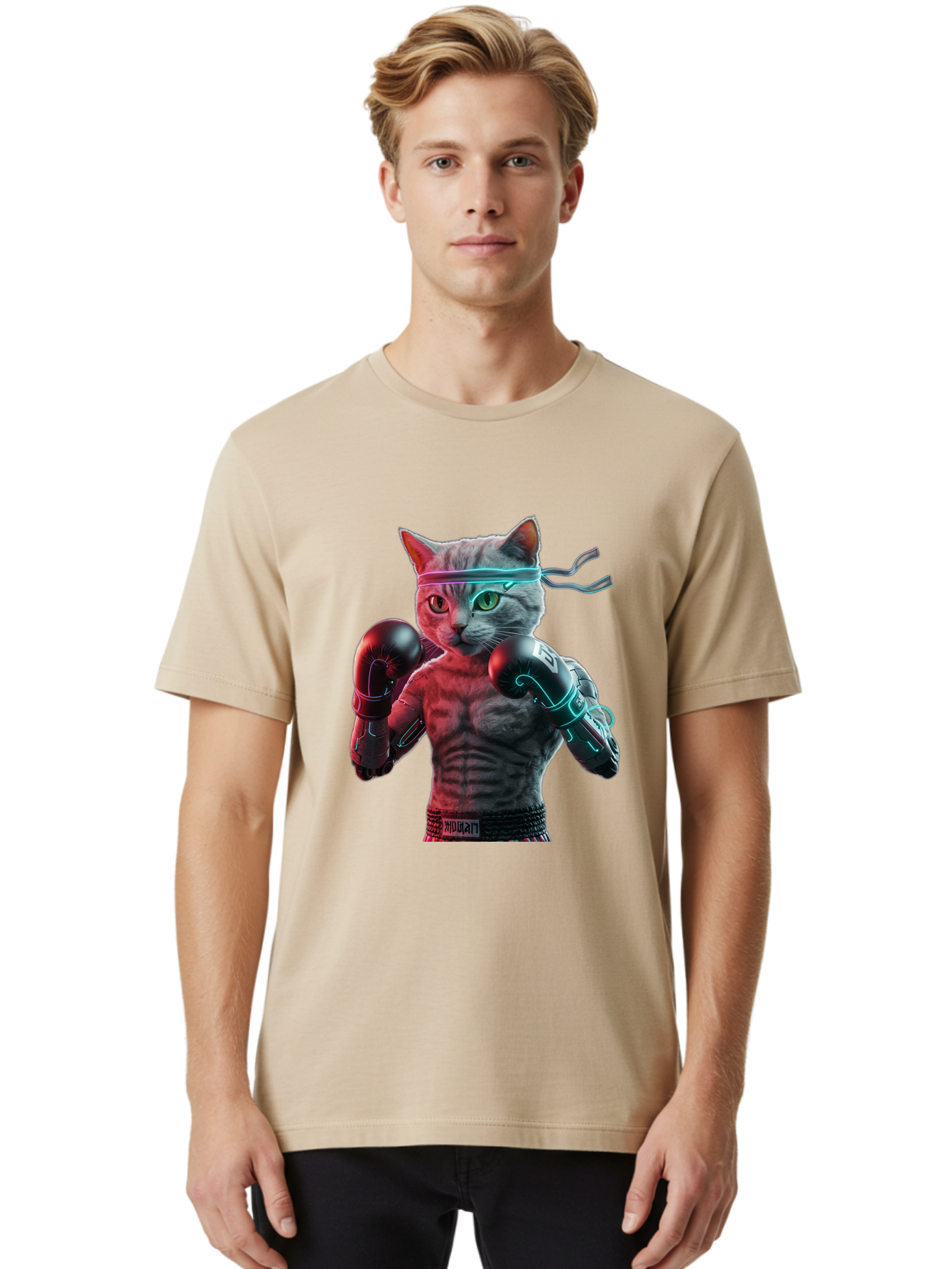 Futuristic-Cat-Boxer Men'S Graphic Tee, 100% Cotton, Comfortable Casual Summer Wear, Machine Washable, Cat Wearing Boxing Gloves, Futuristic Cat, Muscular Body, Cyberpunk Style, Neon Lights, Athletic Pose, Fighting Stance, Boxing Cat Bae455 22