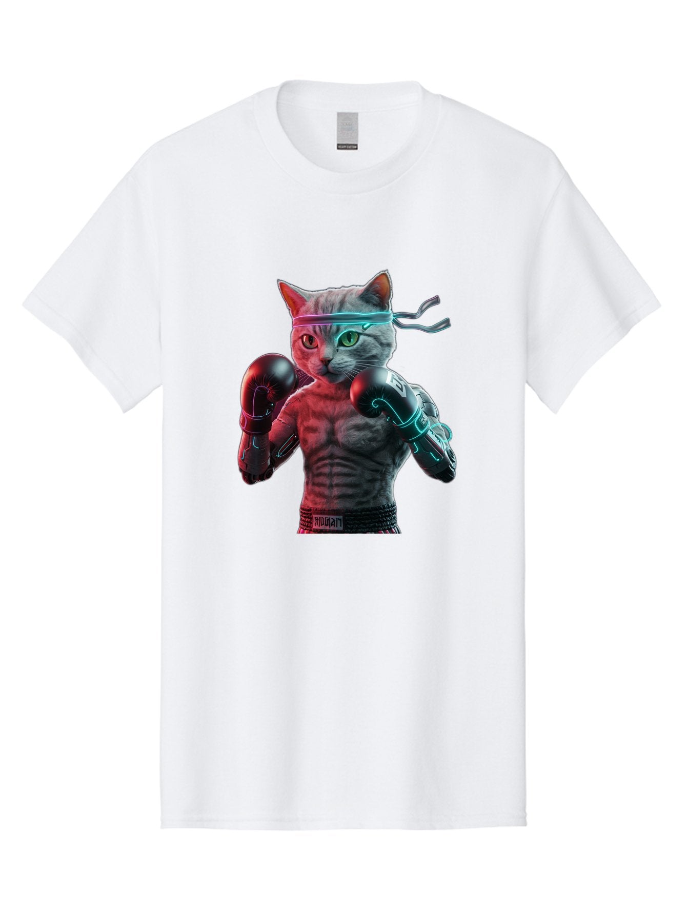Futuristic-Cat-Boxer Men'S Graphic Tee, 100% Cotton, Comfortable Casual Summer Wear, Machine Washable, Cat Wearing Boxing Gloves, Futuristic Cat, Muscular Body, Cyberpunk Style, Neon Lights, Athletic Pose, Fighting Stance, Boxing Cat Bae455 15