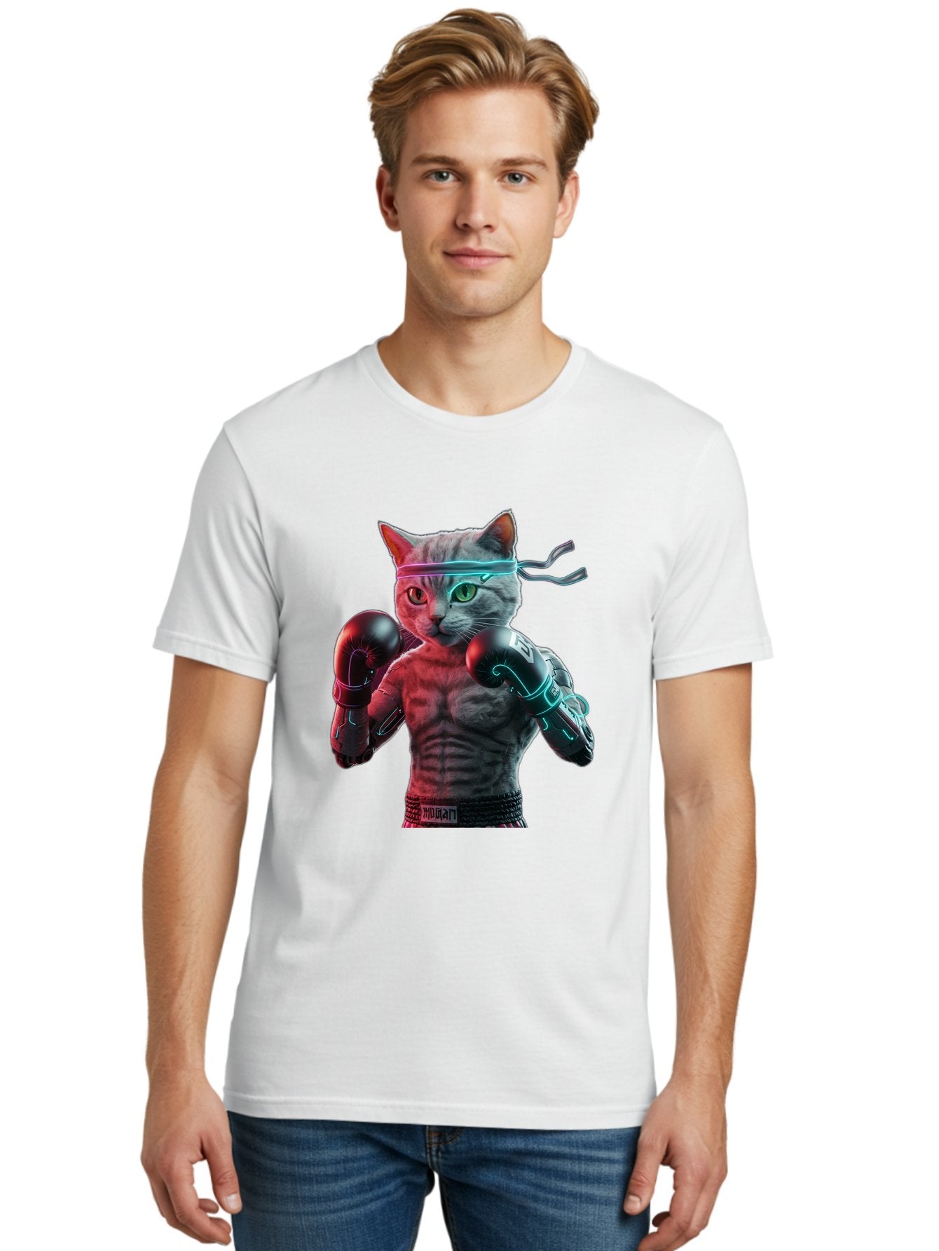 Futuristic-Cat-Boxer Men'S Graphic Tee, 100% Cotton, Comfortable Casual Summer Wear, Machine Washable, Cat Wearing Boxing Gloves, Futuristic Cat, Muscular Body, Cyberpunk Style, Neon Lights, Athletic Pose, Fighting Stance, Boxing Cat Bae455 30