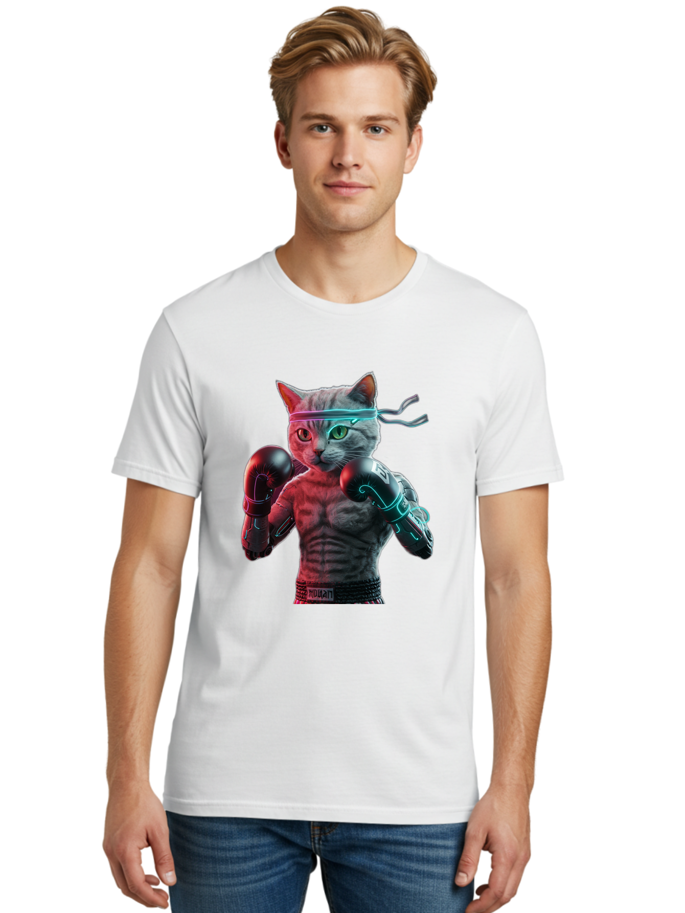 Futuristic-Cat-Boxer Men'S Graphic Tee, 100% Cotton, Comfortable Casual Summer Wear, Machine Washable, Cat Wearing Boxing Gloves, Futuristic Cat, Muscular Body, Cyberpunk Style, Neon Lights, Athletic Pose, Fighting Stance, Boxing Cat Bae455 16