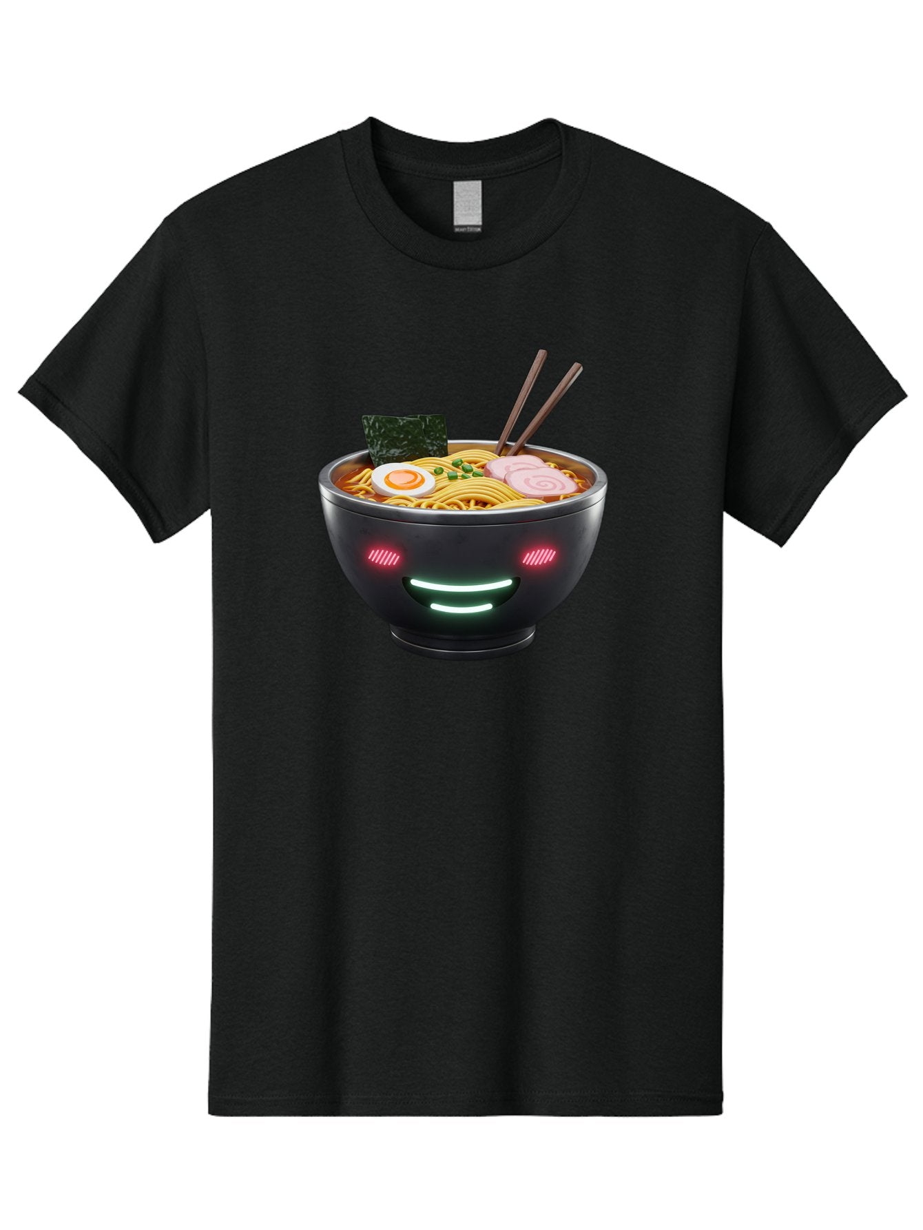 Glowing-Ramen Men'S Graphic Tee, 100% Cotton, Comfortable Casual Summer Wear, Machine Washable, Bowl Of Ramen, Steaming Hot Noodles, Sliced Pork, Boiled Egg, Seaweed, Chopsticks, Glowing Eyes, Futuristic Bowl, Cyberpunk Food, Neon Lights, Bae456