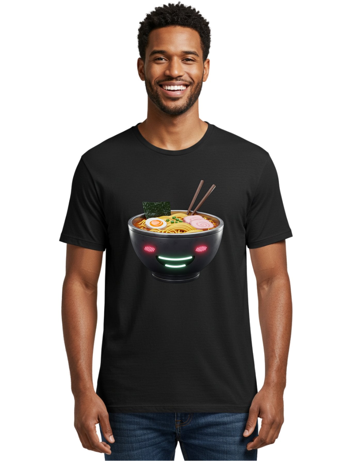Glowing-Ramen Men'S Graphic Tee, 100% Cotton, Comfortable Casual Summer Wear, Machine Washable, Bowl Of Ramen, Steaming Hot Noodles, Sliced Pork, Boiled Egg, Seaweed, Chopsticks, Glowing Eyes, Futuristic Bowl, Cyberpunk Food, Neon Lights, Bae456 21