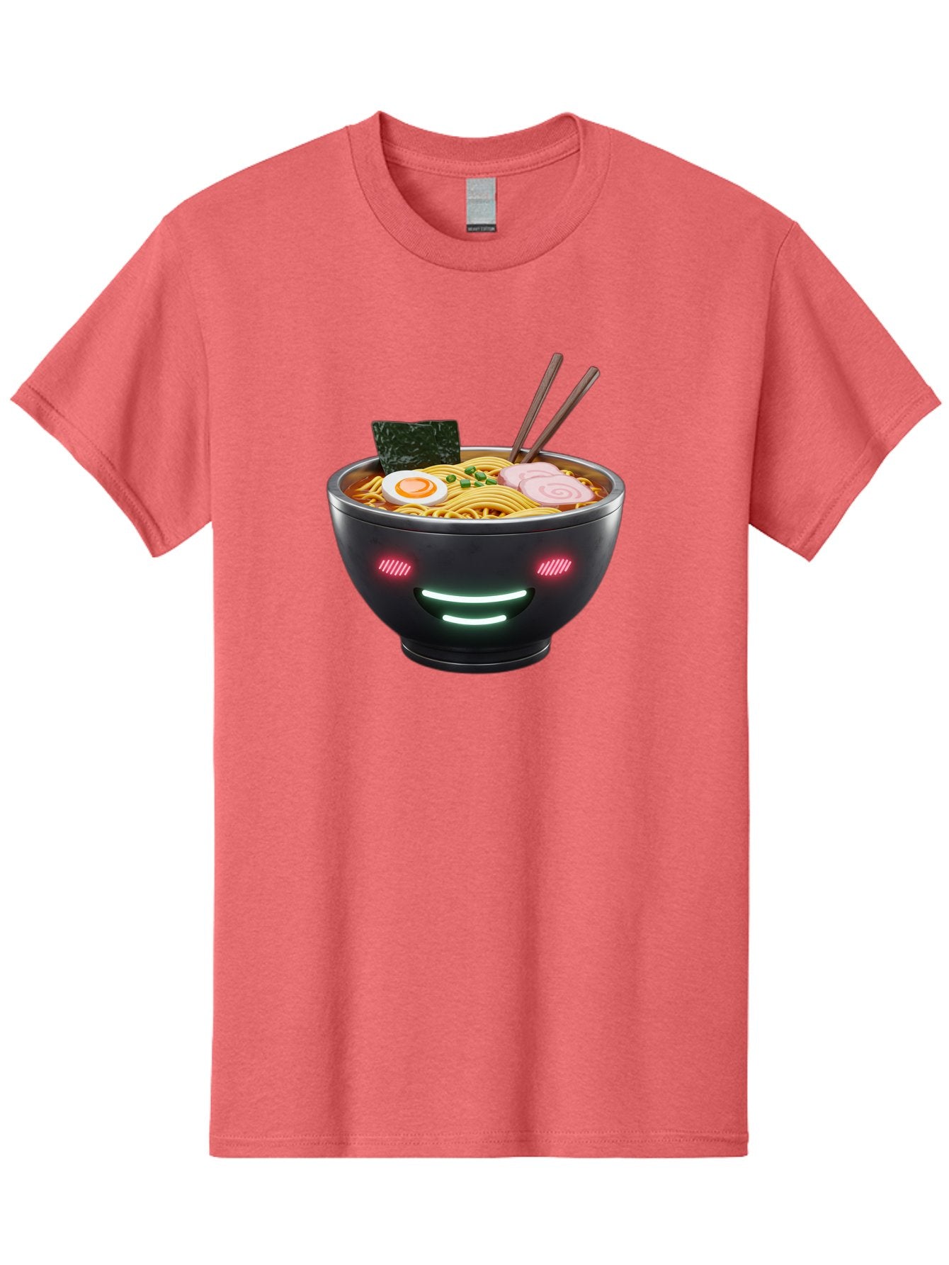 Glowing-Ramen Men'S Graphic Tee, 100% Cotton, Comfortable Casual Summer Wear, Machine Washable, Bowl Of Ramen, Steaming Hot Noodles, Sliced Pork, Boiled Egg, Seaweed, Chopsticks, Glowing Eyes, Futuristic Bowl, Cyberpunk Food, Neon Lights, Bae456 13
