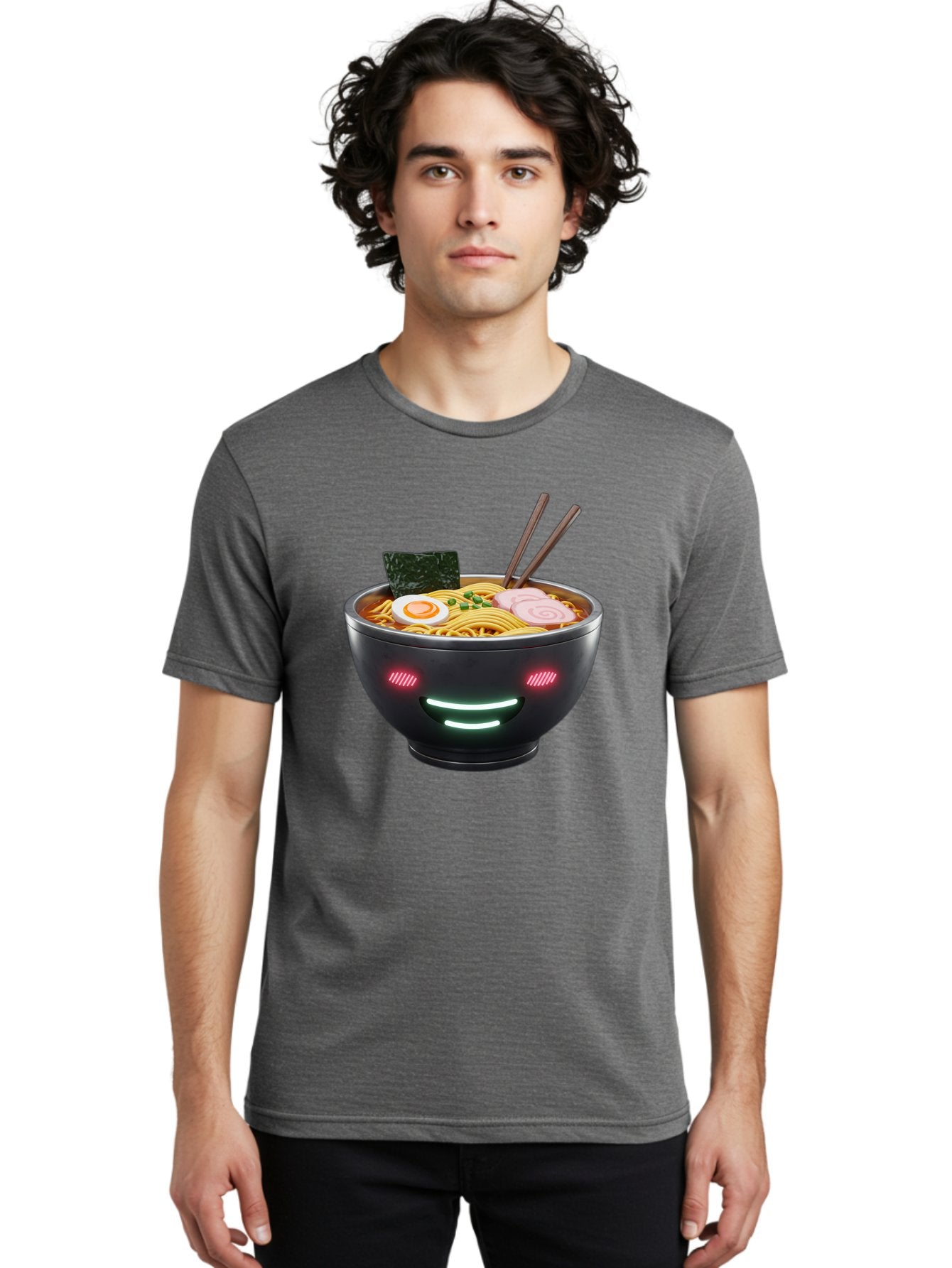 Glowing-Ramen Men'S Graphic Tee, 100% Cotton, Comfortable Casual Summer Wear, Machine Washable, Bowl Of Ramen, Steaming Hot Noodles, Sliced Pork, Boiled Egg, Seaweed, Chopsticks, Glowing Eyes, Futuristic Bowl, Cyberpunk Food, Neon Lights, Bae456 19