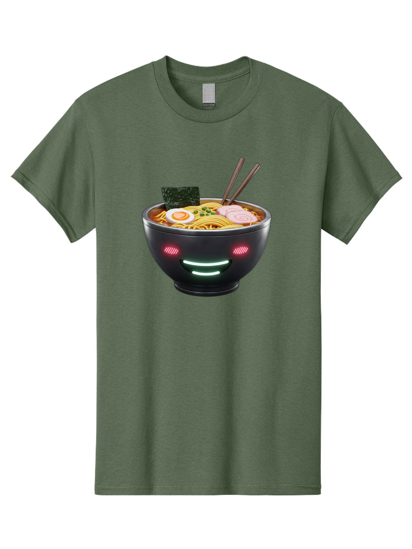Glowing-Ramen Men'S Graphic Tee, 100% Cotton, Comfortable Casual Summer Wear, Machine Washable, Bowl Of Ramen, Steaming Hot Noodles, Sliced Pork, Boiled Egg, Seaweed, Chopsticks, Glowing Eyes, Futuristic Bowl, Cyberpunk Food, Neon Lights, Bae456 12