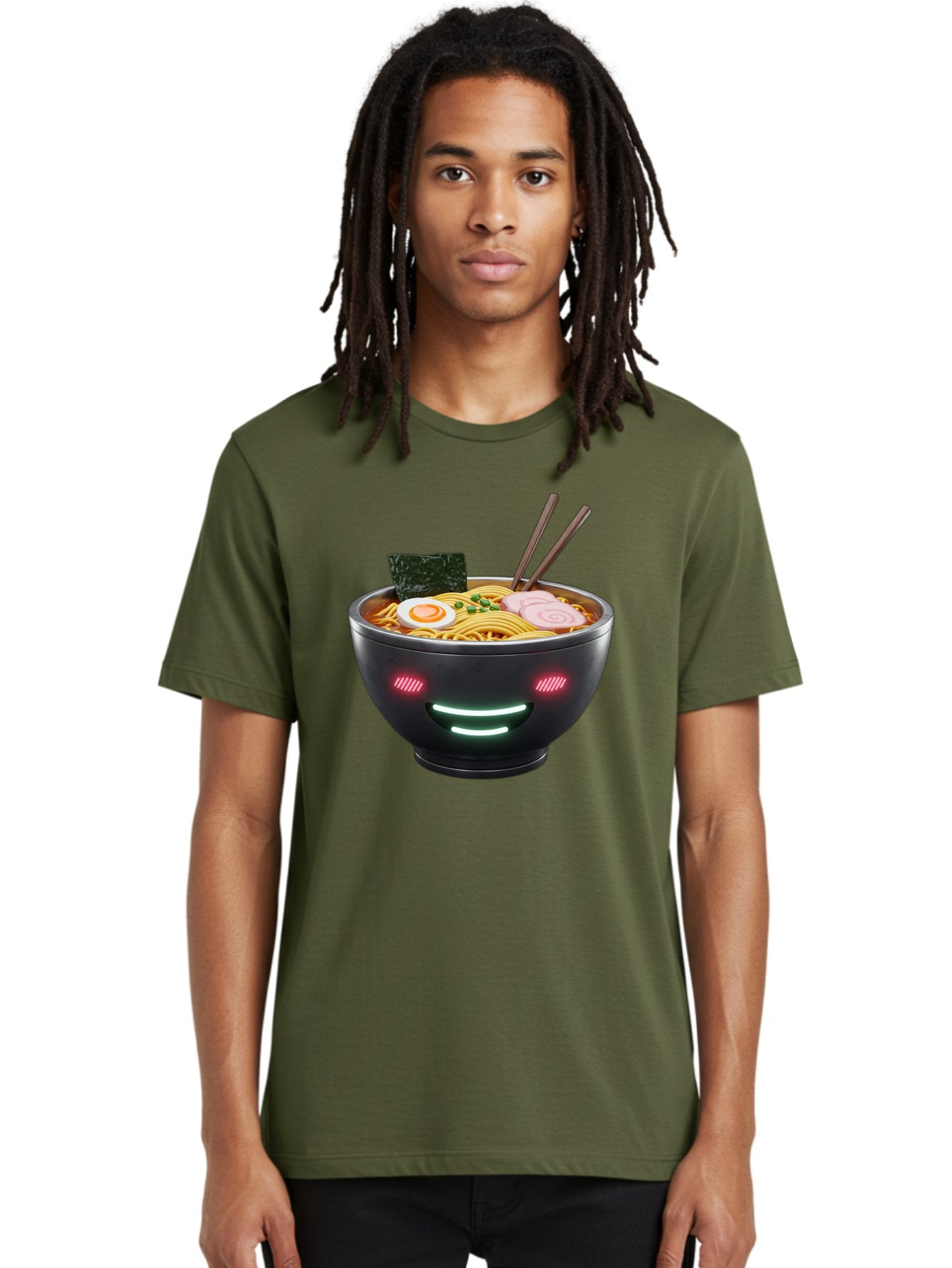 Glowing-Ramen Men'S Graphic Tee, 100% Cotton, Comfortable Casual Summer Wear, Machine Washable, Bowl Of Ramen, Steaming Hot Noodles, Sliced Pork, Boiled Egg, Seaweed, Chopsticks, Glowing Eyes, Futuristic Bowl, Cyberpunk Food, Neon Lights, Bae456 28