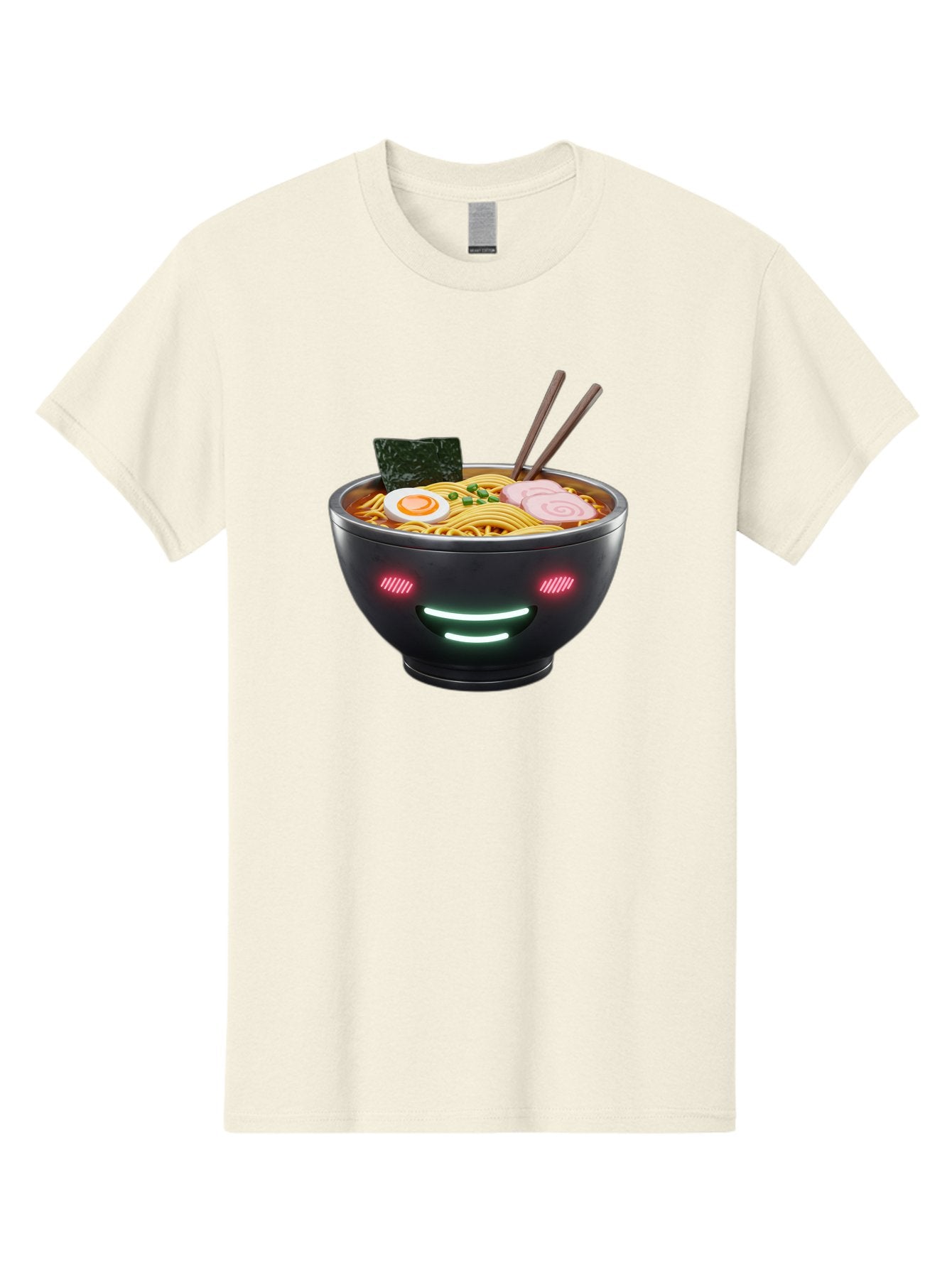 Glowing-Ramen Men'S Graphic Tee, 100% Cotton, Comfortable Casual Summer Wear, Machine Washable, Bowl Of Ramen, Steaming Hot Noodles, Sliced Pork, Boiled Egg, Seaweed, Chopsticks, Glowing Eyes, Futuristic Bowl, Cyberpunk Food, Neon Lights, Bae456 15