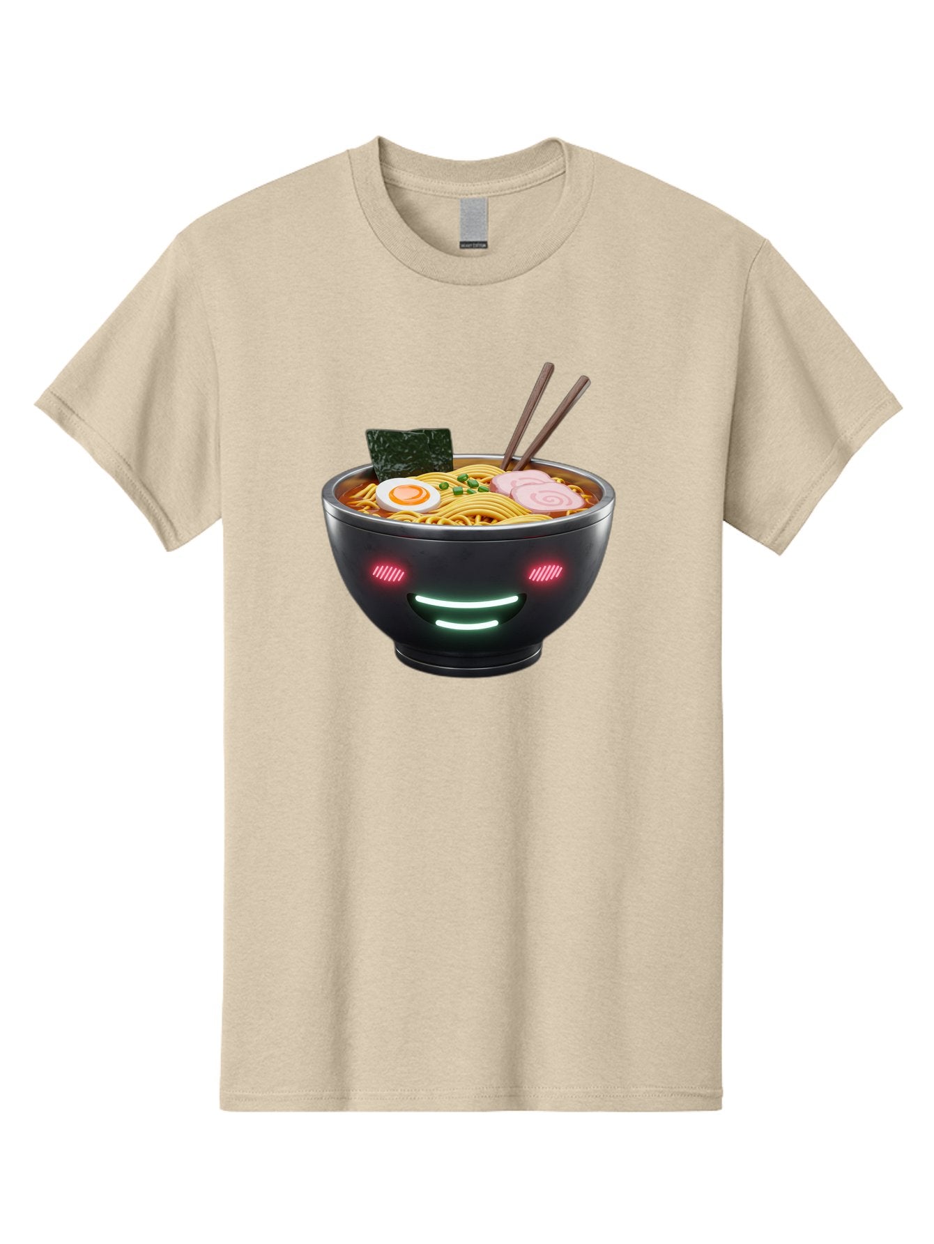 Glowing-Ramen Men'S Graphic Tee, 100% Cotton, Comfortable Casual Summer Wear, Machine Washable, Bowl Of Ramen, Steaming Hot Noodles, Sliced Pork, Boiled Egg, Seaweed, Chopsticks, Glowing Eyes, Futuristic Bowl, Cyberpunk Food, Neon Lights, Bae456 9