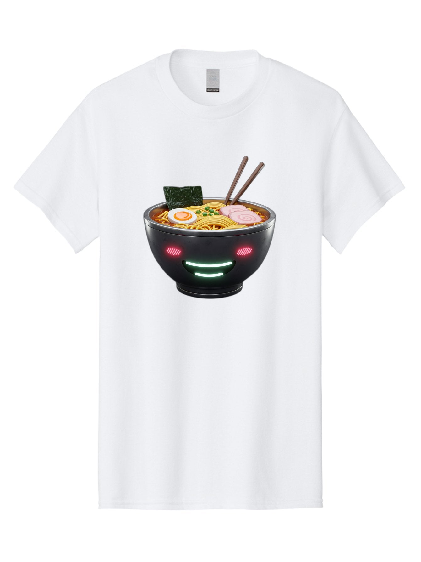 Glowing-Ramen Men'S Graphic Tee, 100% Cotton, Comfortable Casual Summer Wear, Machine Washable, Bowl Of Ramen, Steaming Hot Noodles, Sliced Pork, Boiled Egg, Seaweed, Chopsticks, Glowing Eyes, Futuristic Bowl, Cyberpunk Food, Neon Lights, Bae456 3