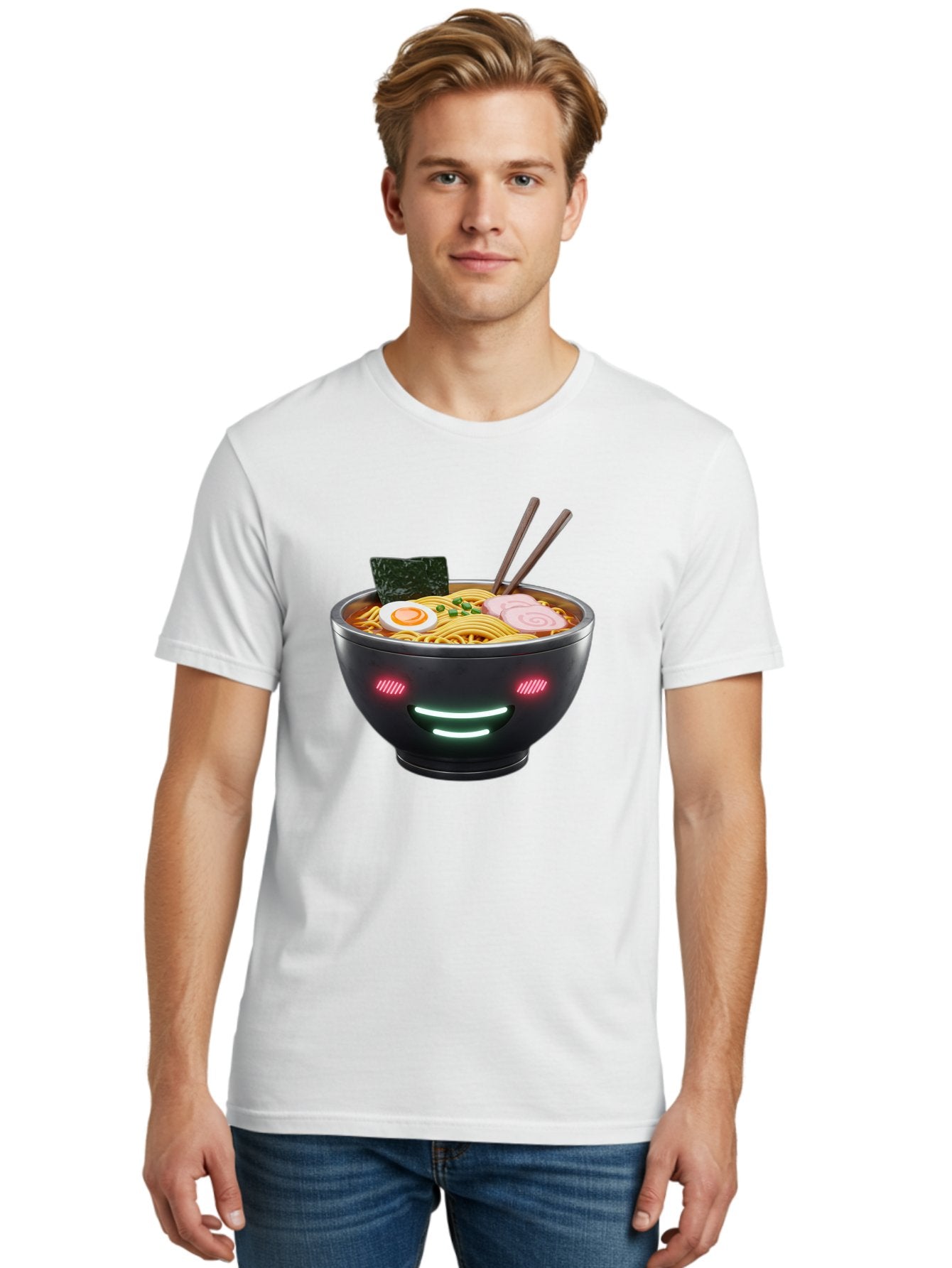 Glowing-Ramen Men'S Graphic Tee, 100% Cotton, Comfortable Casual Summer Wear, Machine Washable, Bowl Of Ramen, Steaming Hot Noodles, Sliced Pork, Boiled Egg, Seaweed, Chopsticks, Glowing Eyes, Futuristic Bowl, Cyberpunk Food, Neon Lights, Bae456 22