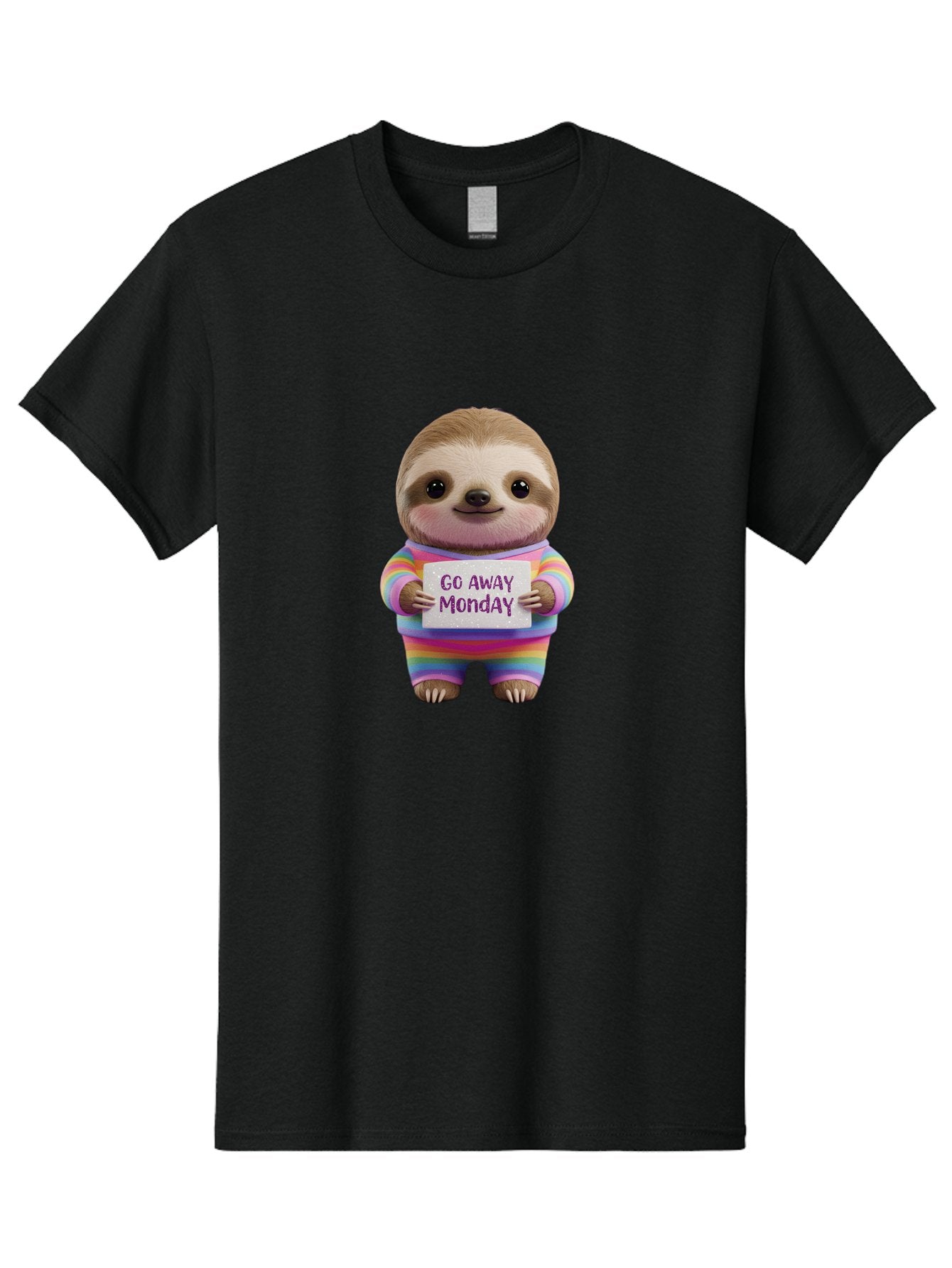 Go-Away-Monday-Sloth-1 Men'S Graphic Tee, 100% Cotton, Comfortable Casual Summer Wear, Machine Washable, Cute Sloth In Rainbow Pajamas, Holding Sign That Says Go Away Monday, Funny Cartoon Character, Humorous Illustration, Lazy Sloth, Bae457 4