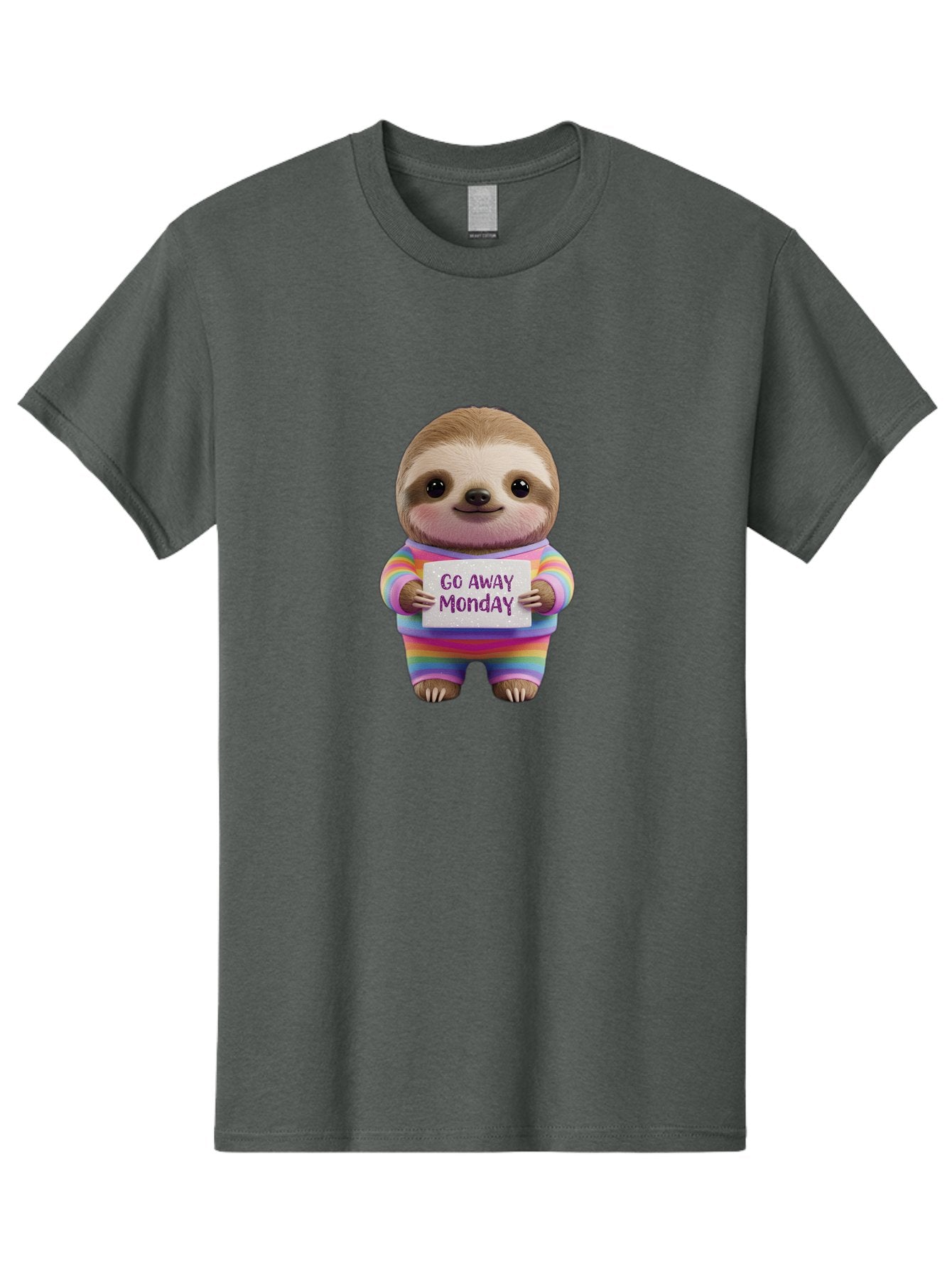 Go-Away-Monday-Sloth-1 Men'S Graphic Tee, 100% Cotton, Comfortable Casual Summer Wear, Machine Washable, Cute Sloth In Rainbow Pajamas, Holding Sign That Says Go Away Monday, Funny Cartoon Character, Humorous Illustration, Lazy Sloth, Bae457
