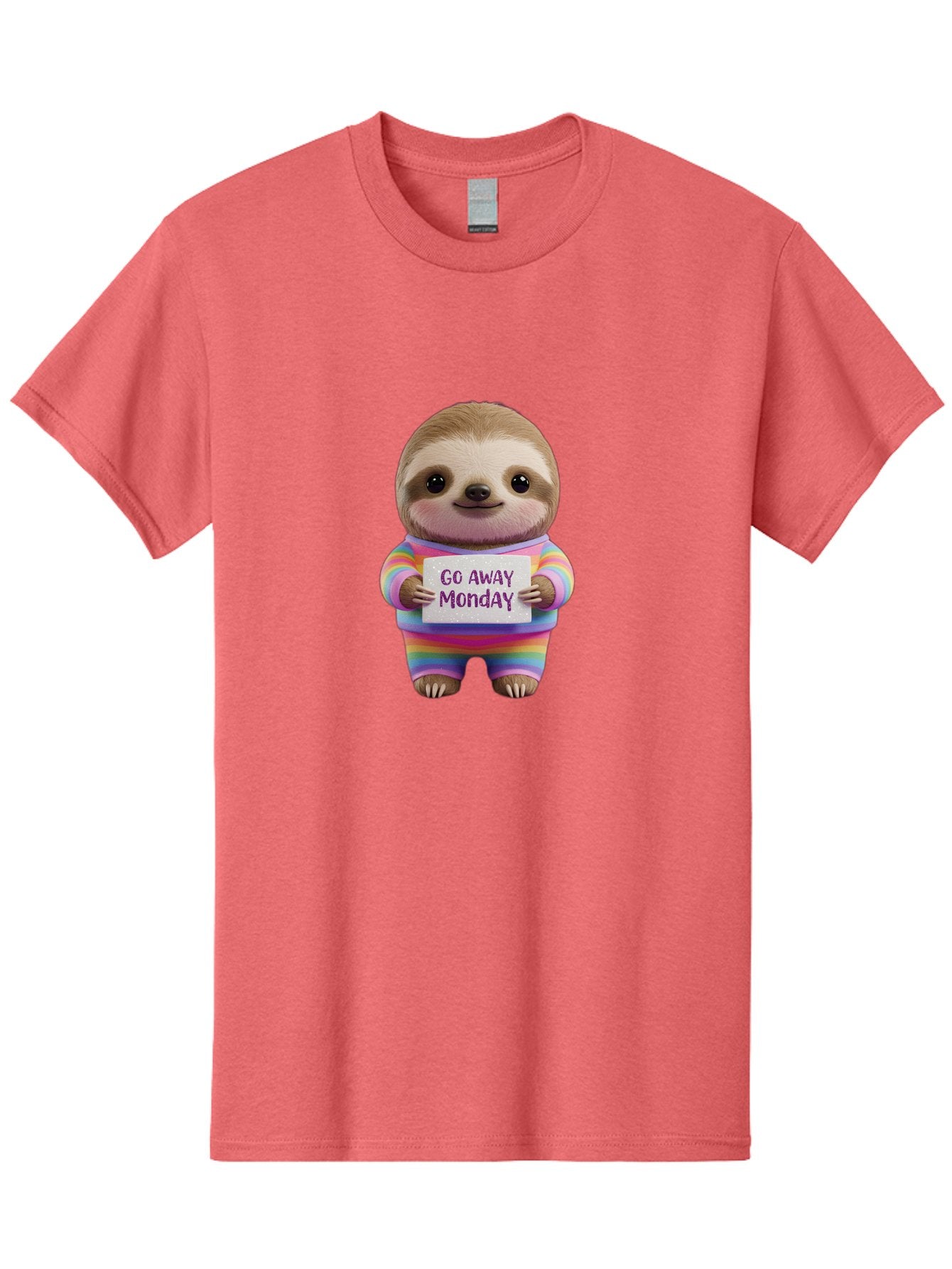 Go-Away-Monday-Sloth-1 Men'S Graphic Tee, 100% Cotton, Comfortable Casual Summer Wear, Machine Washable, Cute Sloth In Rainbow Pajamas, Holding Sign That Says Go Away Monday, Funny Cartoon Character, Humorous Illustration, Lazy Sloth, Bae457 3